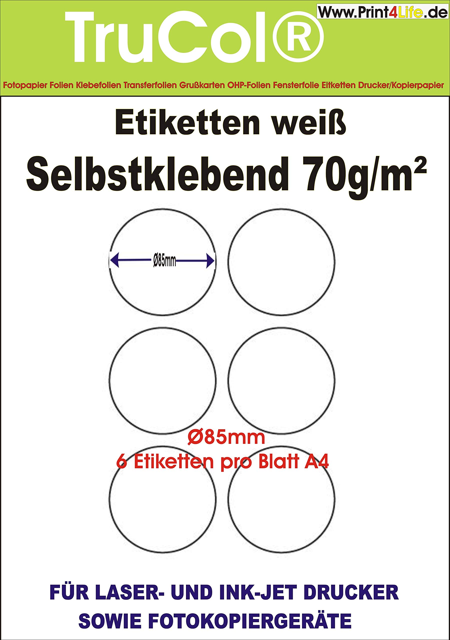 6000 uniwersalnych etykiet okrągłych Ø 85 mm, punkty oznaczające, naklejki na segregator, etykiety adresowe, etykiety internetowe, białe, DIN A4 – 1000 arkuszy A4, uniwersalne do drukarek laserowych/atramentowych/kopiarek