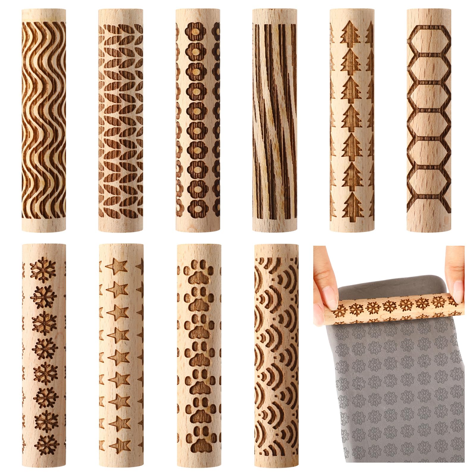 Chunful 10 Pcs Wooden Clay Texture Rollers Set for Pottery and Ceramics, Stamp Roller Tools with 10 Different Patterns for Slab Building Sculpting Handmade Craft Art DIY Design