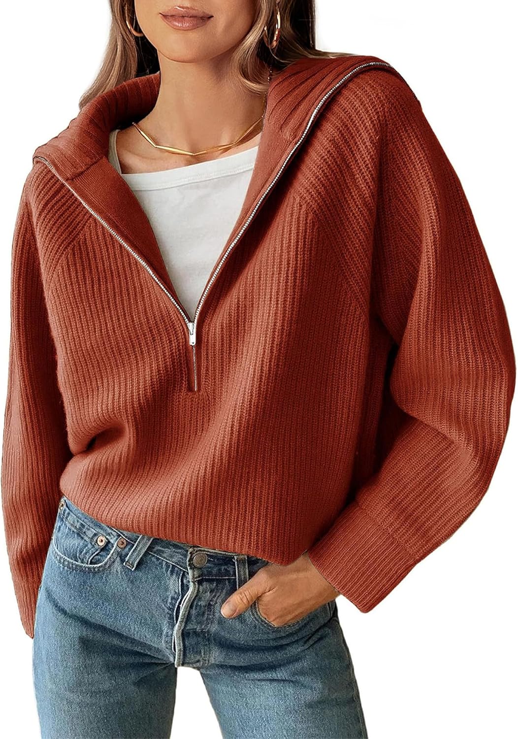 Womens Sweaters Quarter Zip Pullover V Neck Collar Long Sleeve Ribbed Knit Loose Casual 2025 Winter Fall Sweater(Rust Red, Medium)