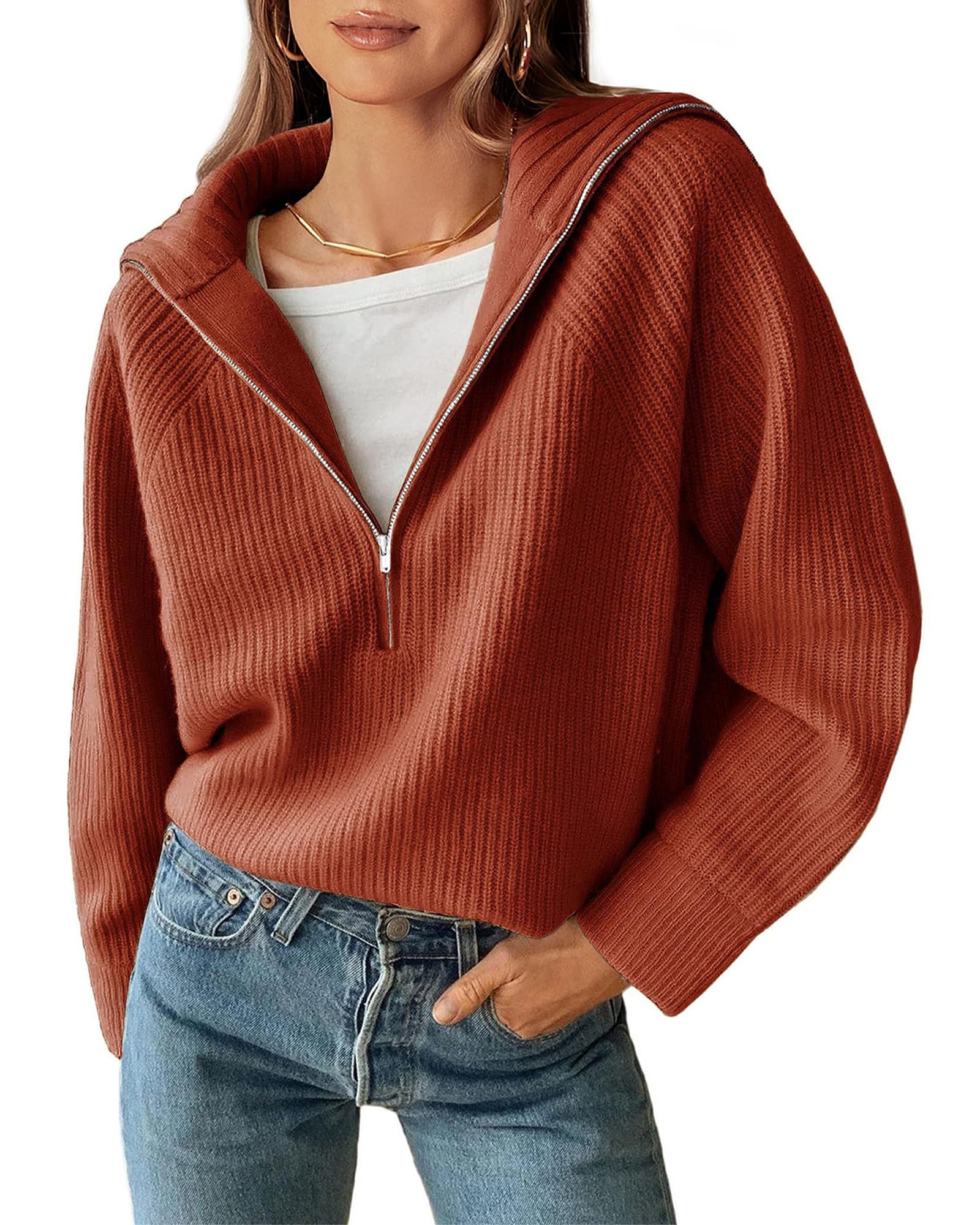 BTFBM Womens Sweaters Quarter Zip Pullover V Neck Collar Long Sleeve Ribbed Knit Loose Casual 2026 Winter Fall Sweater