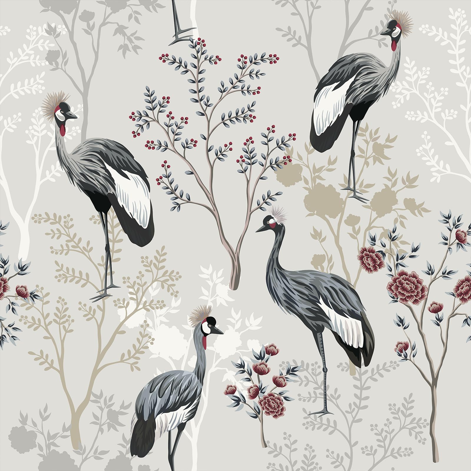 VEELIKE Grey Chinoiserie Wallpaper Peel and Stick Vintage Crane Bird Wallpaper for Bedroom Bathroom 17.7''x118'' Removable Bird Wall Mural Self