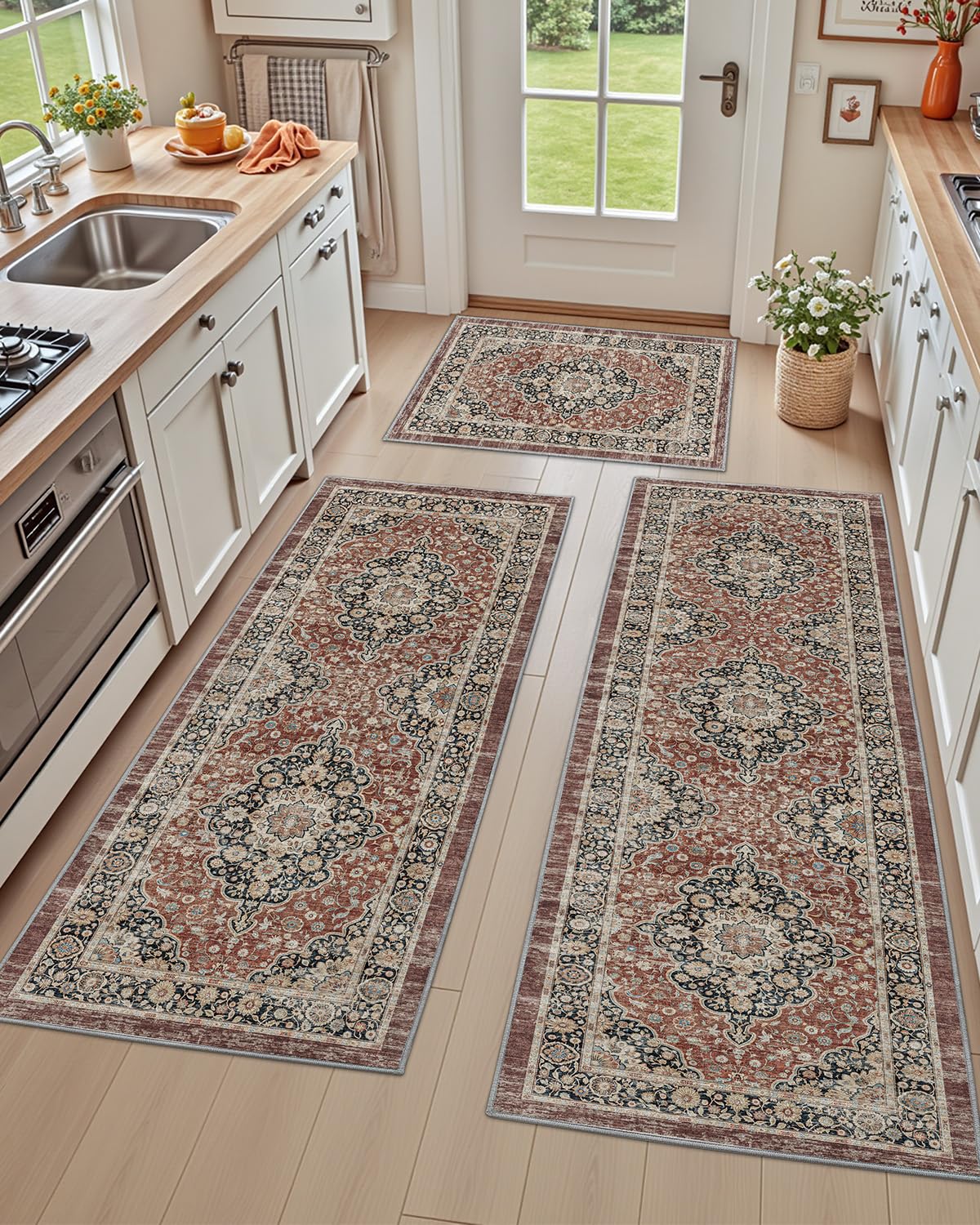 DEXI Kitchen Floor Mats 3 Pieces Non Slip, Washable Runner Rugs Absorbent,Thin Standing Carpet Soft Comfort for Sink Hallway Entryway Laundry Room Boho Decor, Rust