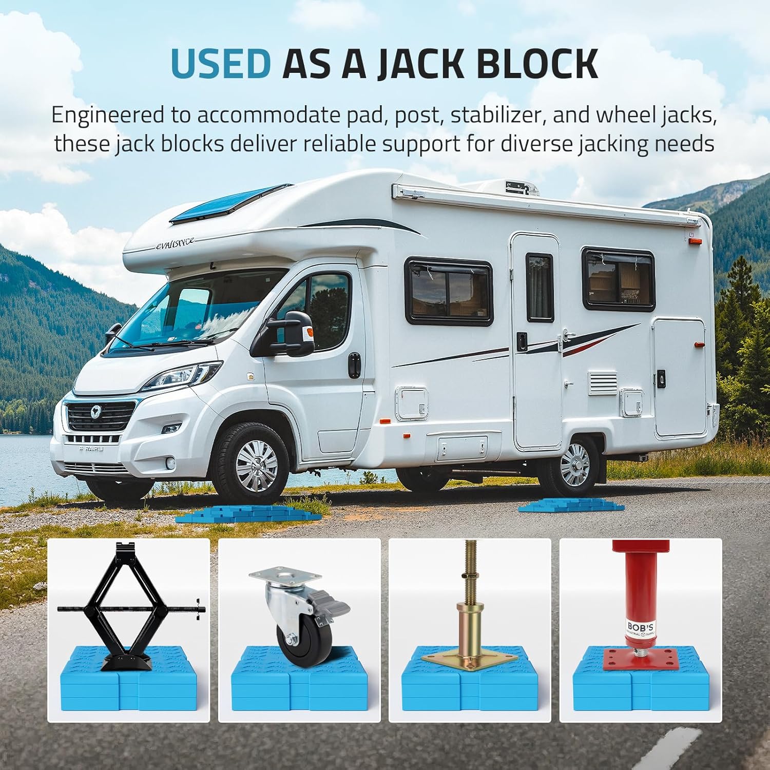 PAULINN RV Leveling Blocks 12 Pack, Heavy Duty Camper Leveling Blocks with 2 Velcro Straps, Interlocking Sturdy RV Blocks for Single & Dual Wheels, Stackable Jack Blocks, Customizable Height, Blue
