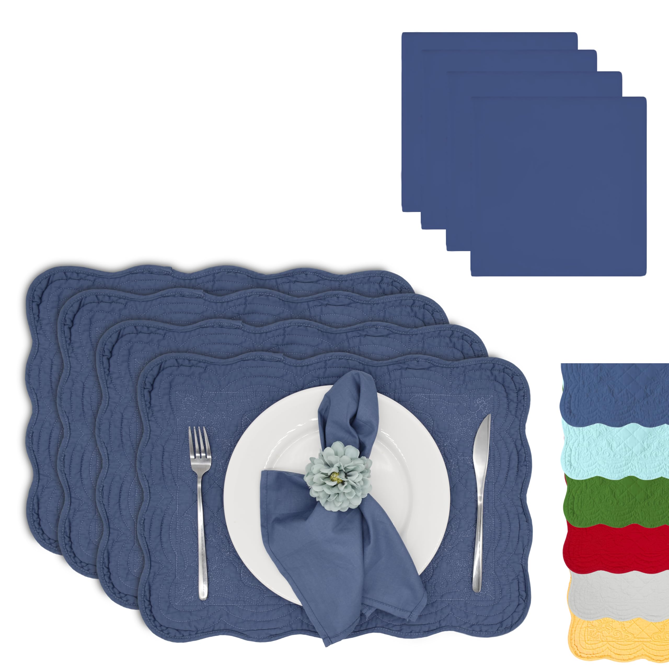 Gesteppte Baumwoll-Tischsets mit passenden weißen Baumwollservietten – Set mit 4 Tischsets und 4 Stoffservietten – solides weißes Tischwäsche-Set für Alltag und Urlaub (4, blau)