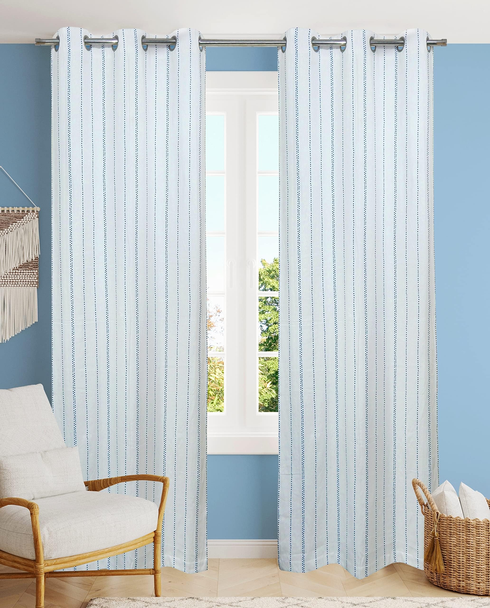 Tiny Break White Cotton Curtains - Blue Polka Dot Pin Stripes Thick Window Curtain 84 Inch Long, Grommet Top Room Darkening Cotton Curtains, Bedroom & Living Room Drapes - 42 x 84 Inch - Set of 2