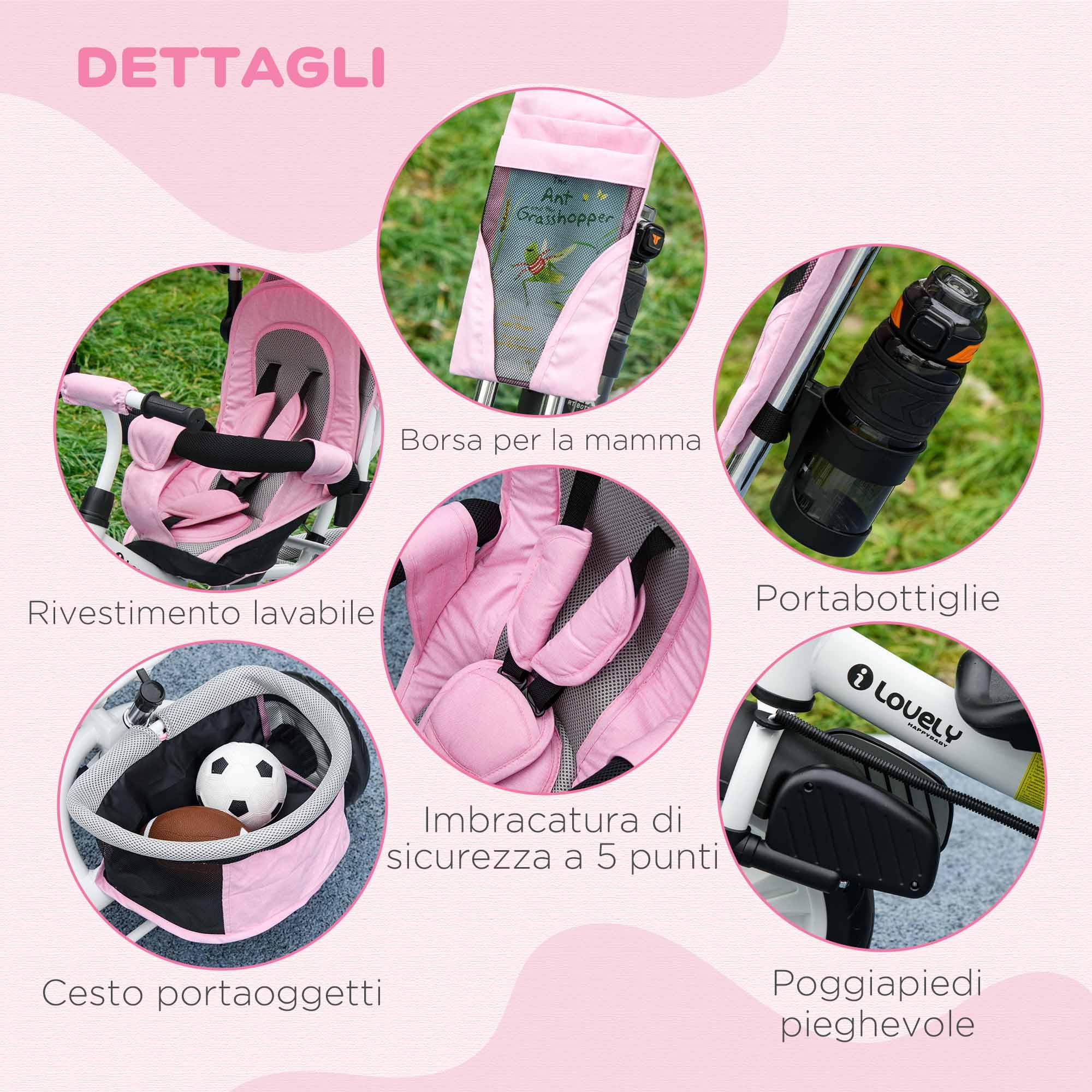 HOMCOM 6 in 1 Triciclo per Bambini 1-5 Anni 102x49x102 cm Bianco e Rosa | Evolutivo, Maniglione, Tettuccio Regolabile, Cintura e Cestino, Passeggino Triciclo, Metallo e Poliestere