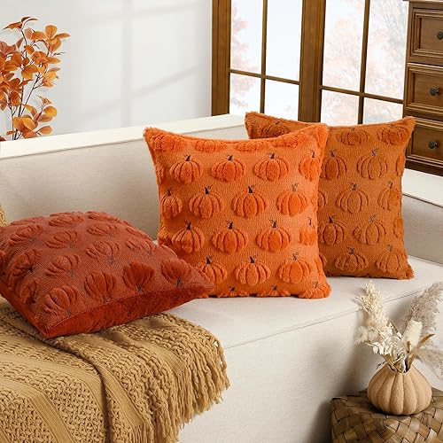 Softalker Fall Decorative Throw Pillow Covers 18 x 18 Inch Set of 2, Thanksgiving Autumn Harvest Pumpkin Faux Fur Cushion Covers, 3D Embroidered Pillow Cases for Couch Bedroom Living Room Decor, Rust(Orange Pumpkin,18" x 18" (Pack of 2))