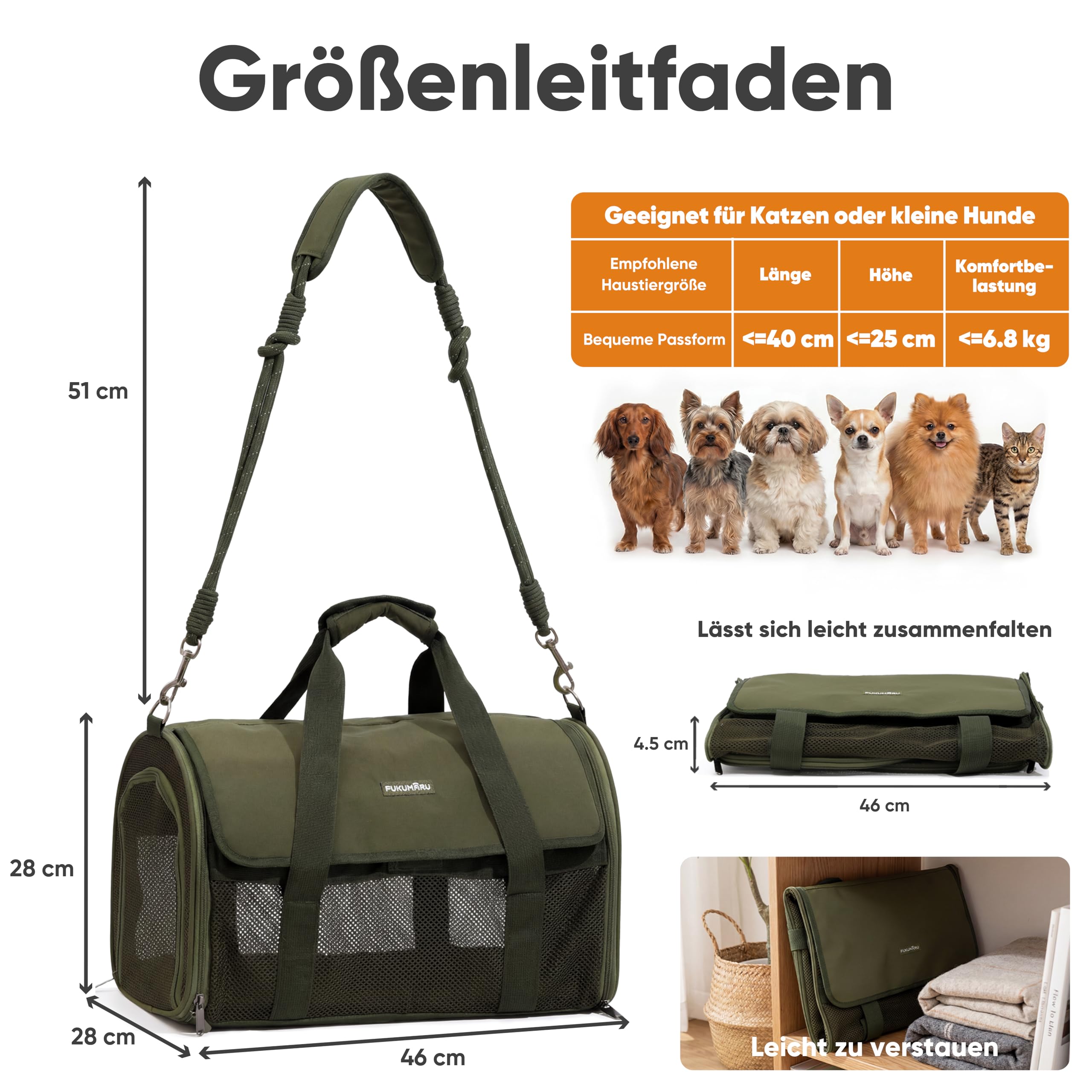 FUKUMARU Transportbox für Katzen und kleine Hunde, leicht und atmungsaktiv, 46 x 28 x 28 cm, für den Transport in der Flugzeugkabine zugelassen, weich und zusammenklappbar, kratzfestes Netz, Grün