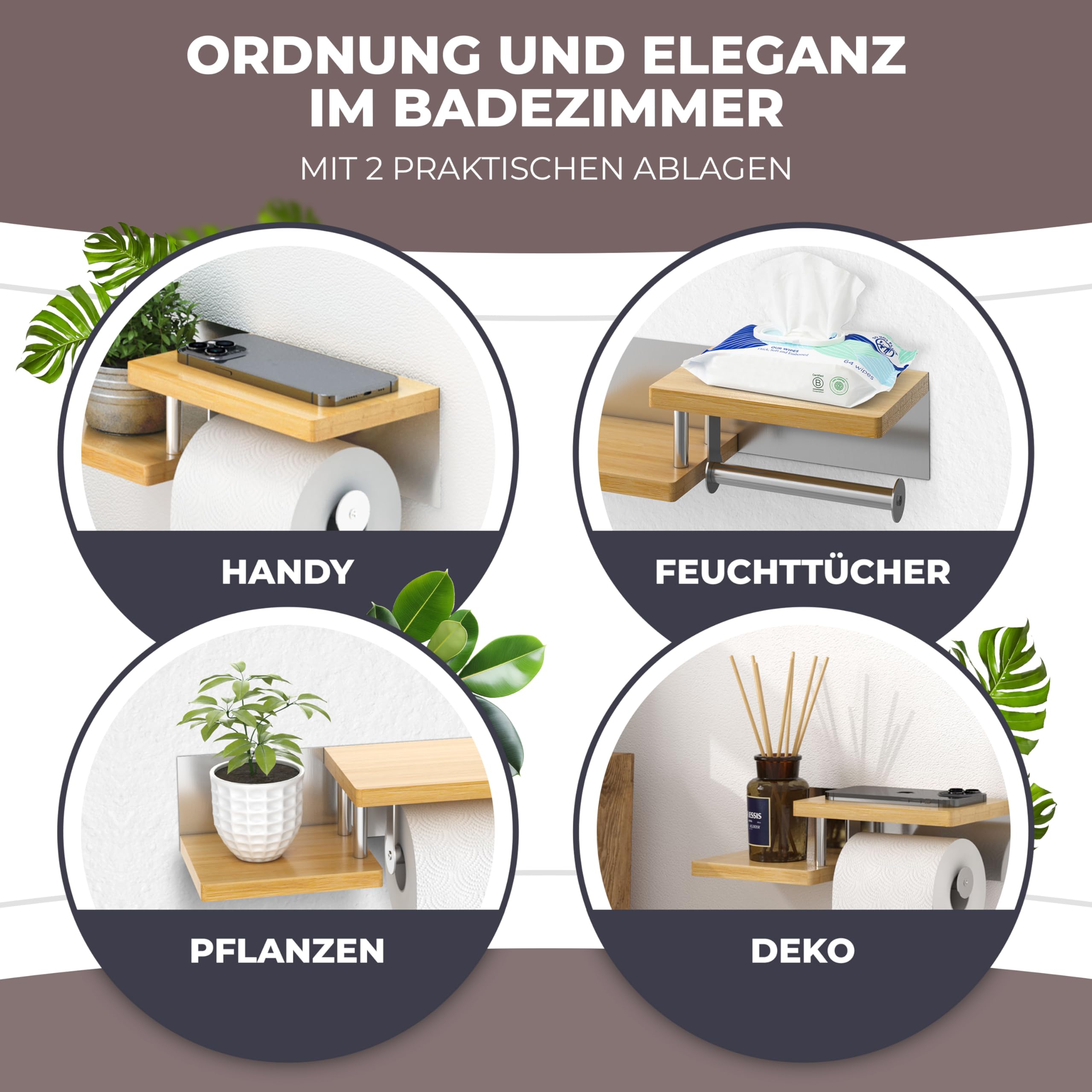 ElbFuchs® Toilettenpapierhalter Holz Bambus [KLEBEN oder Bohren] | hochwertiger Klopapierhalter ohne Bohren mit Ablage | Edelstahl | Klorollenhalter | WC Rollenhalter