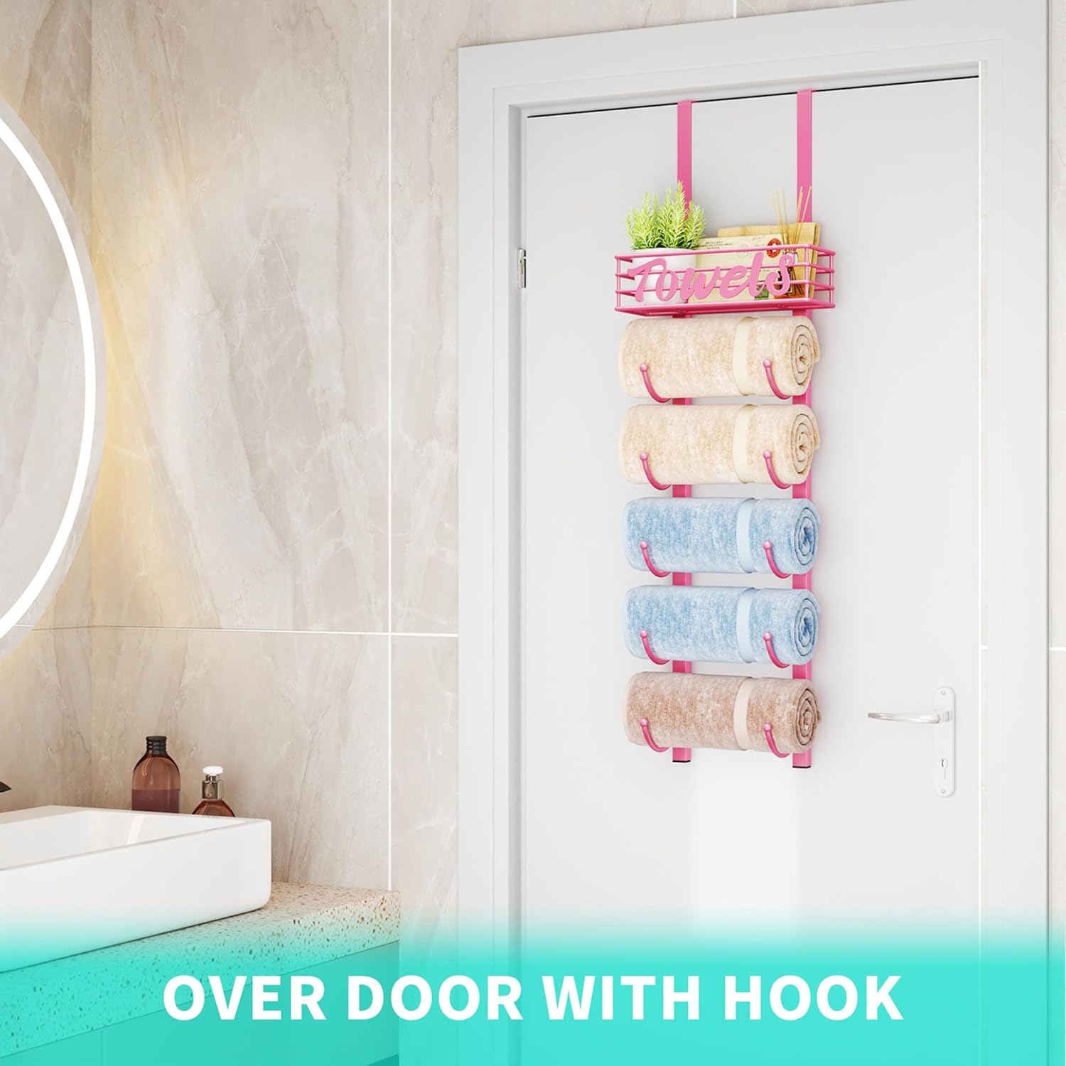 HapiRm Towel Racks for Bathroom Storage - 6 Tier Over The Door & Wall Mount Rolled Towel Storage Organizer Holder with Metal Shelf Basket for Small Bathroom, Camper, Rv - Pink, Patented image 4