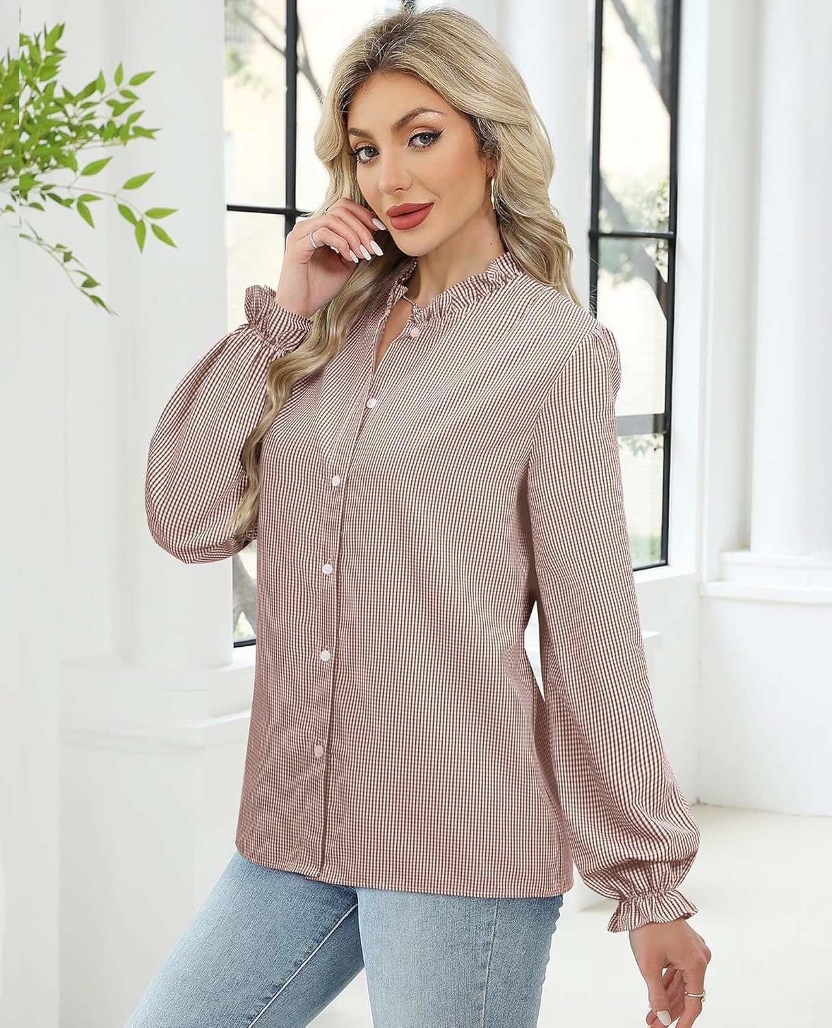 siliteelon Women's Plaid Button Down Shirts Long Sleeve Ruffle Collar Blouses Casual Cute Gingham Tops - Image 4