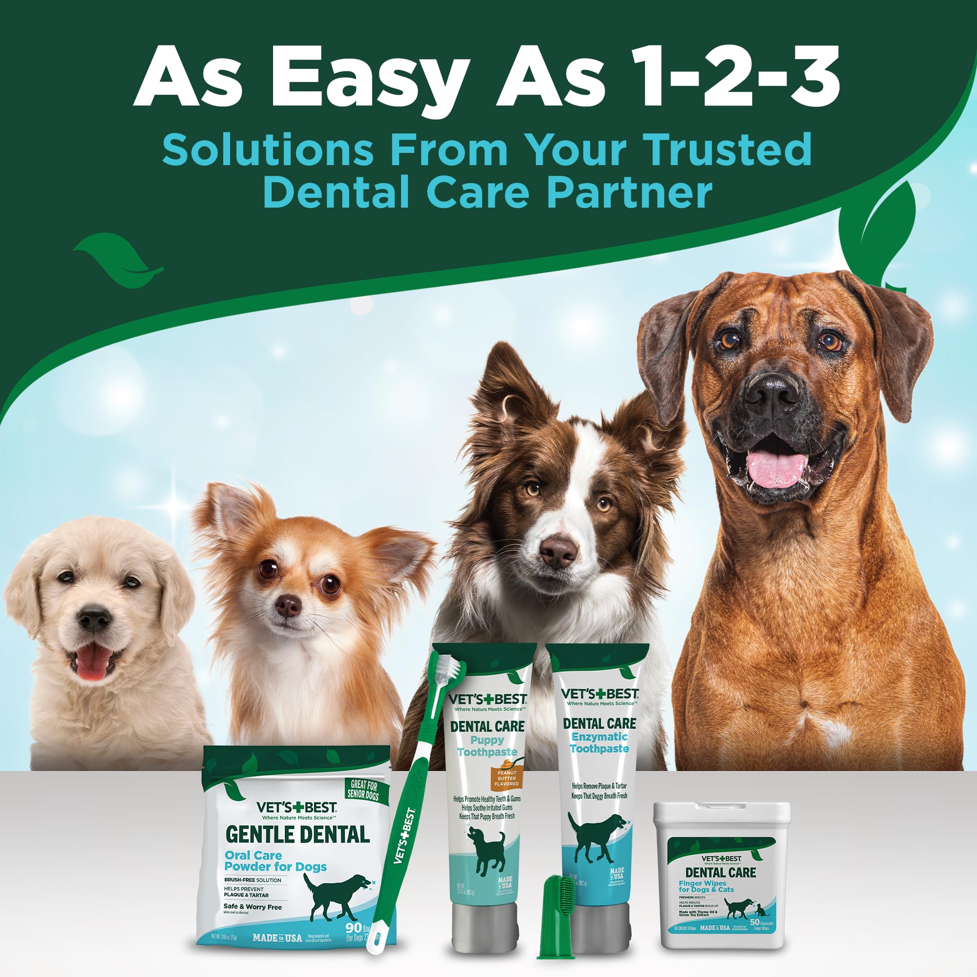 Vet's Best Kit de cuidado dental para perros y gatos – Pasta de dientes enzimática, cepillo de dientes de triple cabeza y toallitas dentales para dedos para eliminación de placa, control de sarro