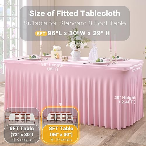 Miniatura 6 de Paquete de 2 manteles de elastano rosa bebé para mesas rectangulares de 8 pies, manteles elásticos de 8 pies con falda para fiestas, bodas,