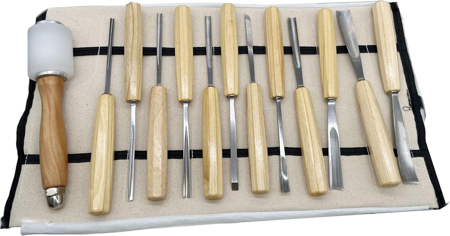Wood Carving Tools Set, Wood Carving Kit 12-Piece Chisel and Gouge Set with Canvas Case, CR-V 60 Steel Blades & Octagonal Ash Handles for Beginners & Professionals