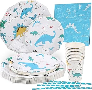 FORMIZON 62pcs Articles de Fête de Dinosaure, Ensemble de Vaisselle de Dinosaure Comprennent Assiettes, Tasses, Serviettes de Table, Paille, Vaisselle Anniversaire Party (Sert 10 Invités-Bronzant)