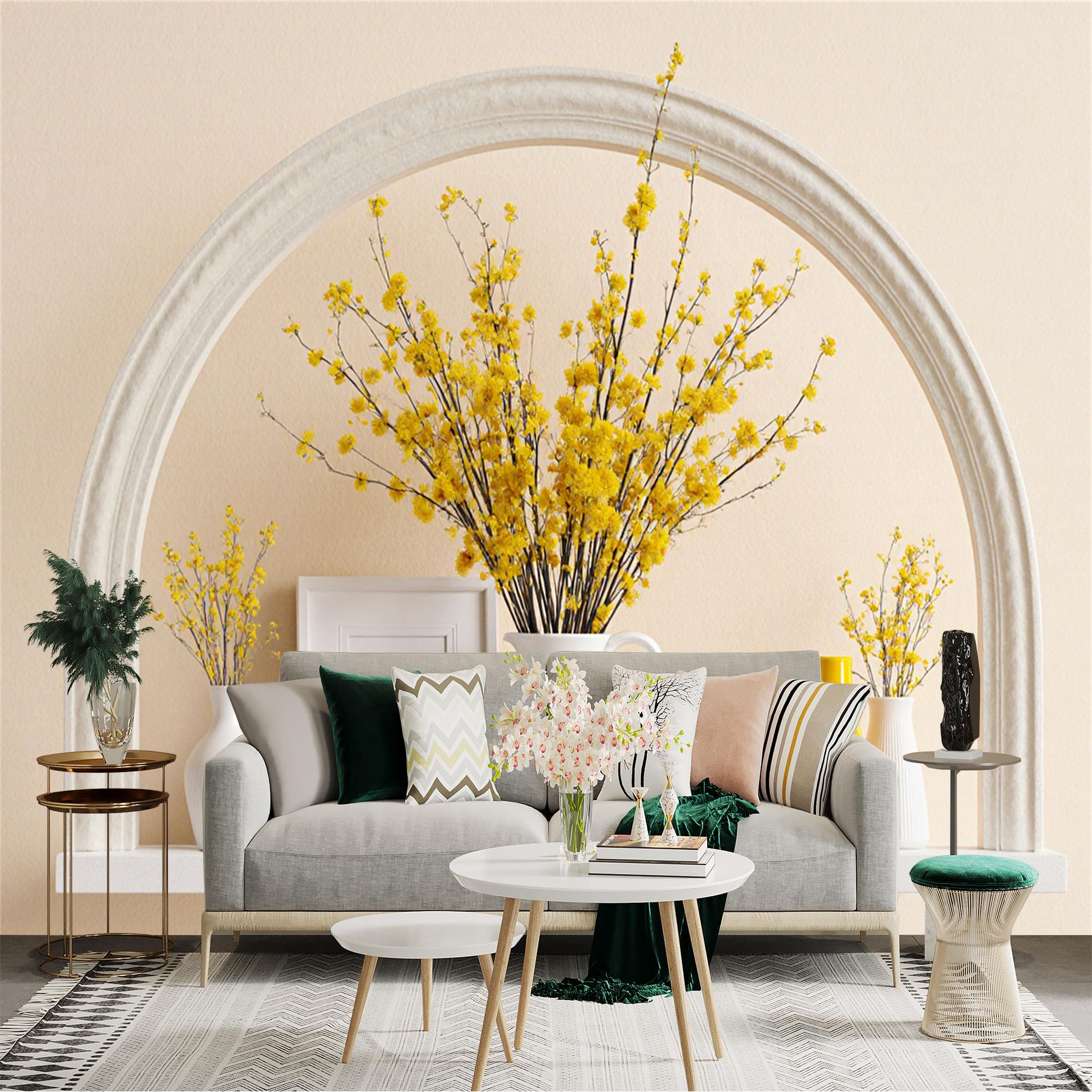 Custom Size Wall Sticker Mural， Yellow Blooming Branches in White Vases， Minimalist Aesthetic Decor， Archway Frame Design， for wall Decoration， peelandstick wall Decals.