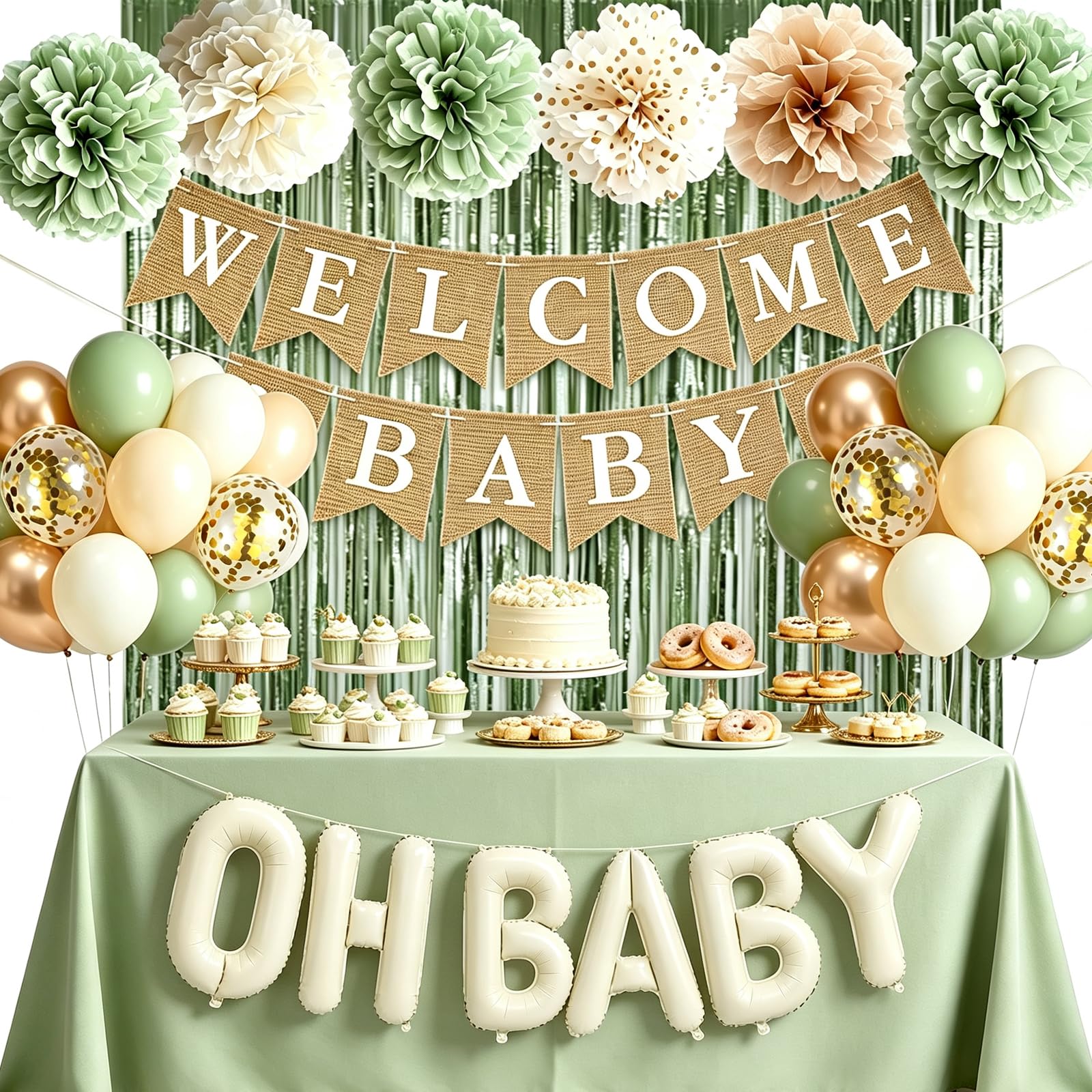 Oysqcmbs Sage Green Baby Shower Decorations, Welcome Baby Banner Champagne Nude Sand White Foil Balloons Fringe Curtain Pompoms for Baby Shower Gender Reveal Party Supplies