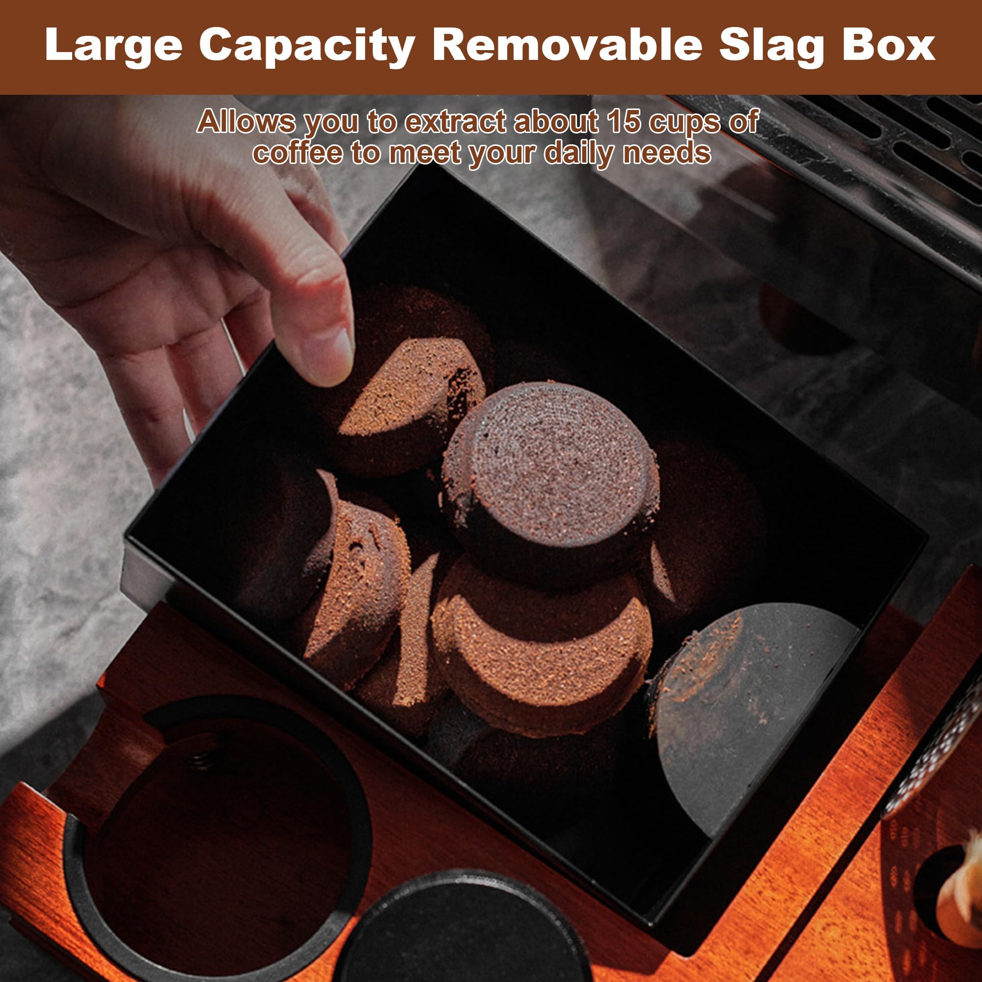 Espresso Knock Box - Estación de apisonamiento con 8 agujeros, 4 ranuras para tarjetas, caja organizadora de café expreso de madera maciza, apta para distribuidores de 51 a 58 mm, accesorios