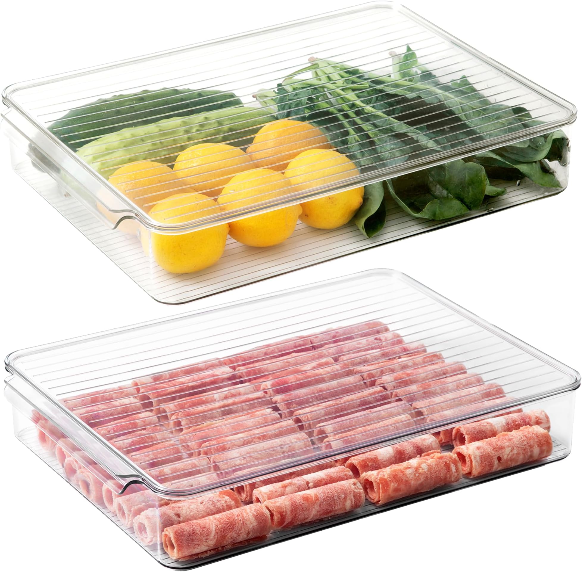 vacane 2 Pack Refrigerator Organizer Bins,Food Storage Container with Lids for Fruit, Vegetables, Bacon Meat Cheese Keeper Marinade Tray, Stackable Freezer Storage Containers