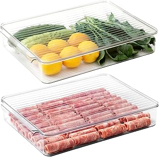 vacane 2 Pack Deli Meat Container for Fridge, Bacon Container with Lids for Refrigerator Fruit, Cold Cuts, Cheese Keeper Marinade Tray, Stackable Freezer Storage Containers