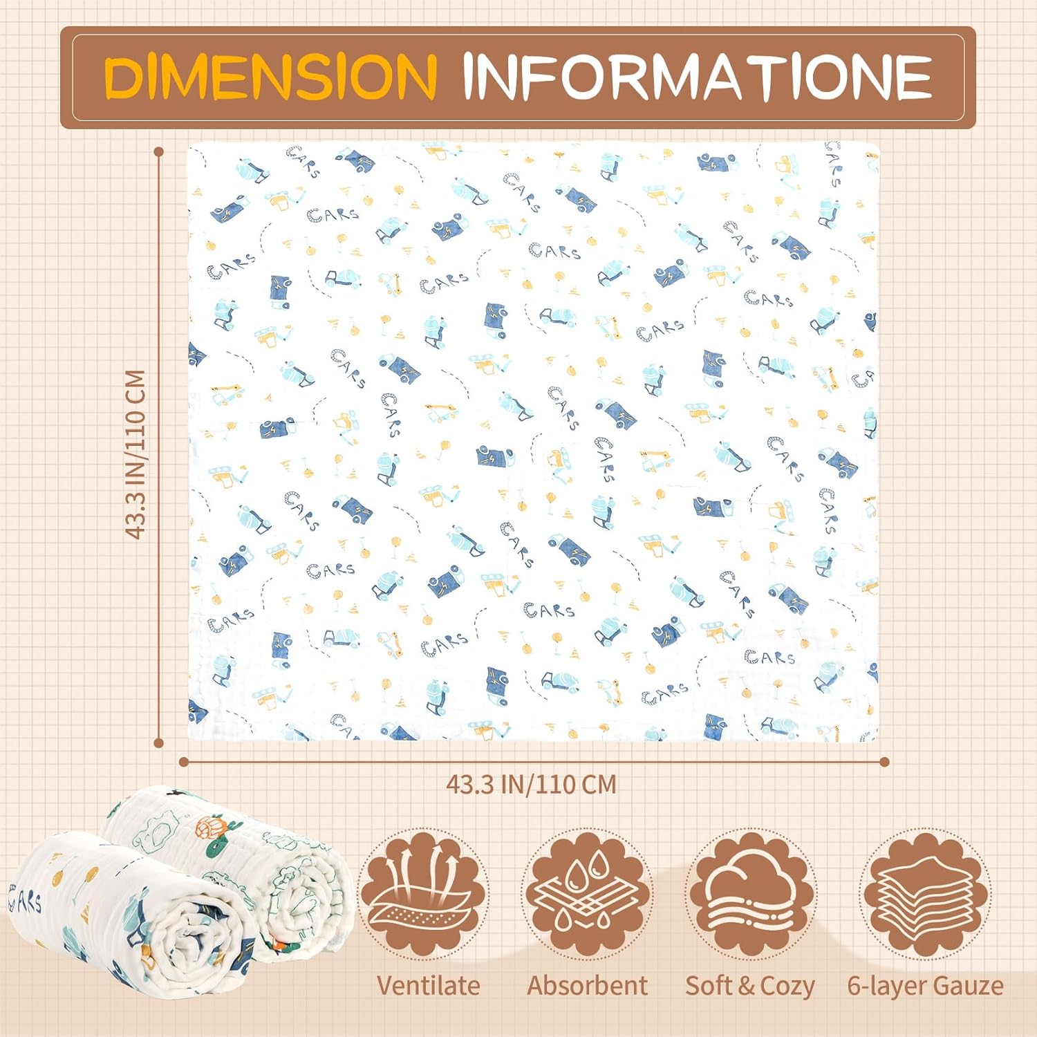 Muslin Large Swaddle Blanket Baby 2PCS 100% Cotton Baby Quilt, Reversible Receiving Baby Blanket for Boys&Girls 43x43in - Image 5