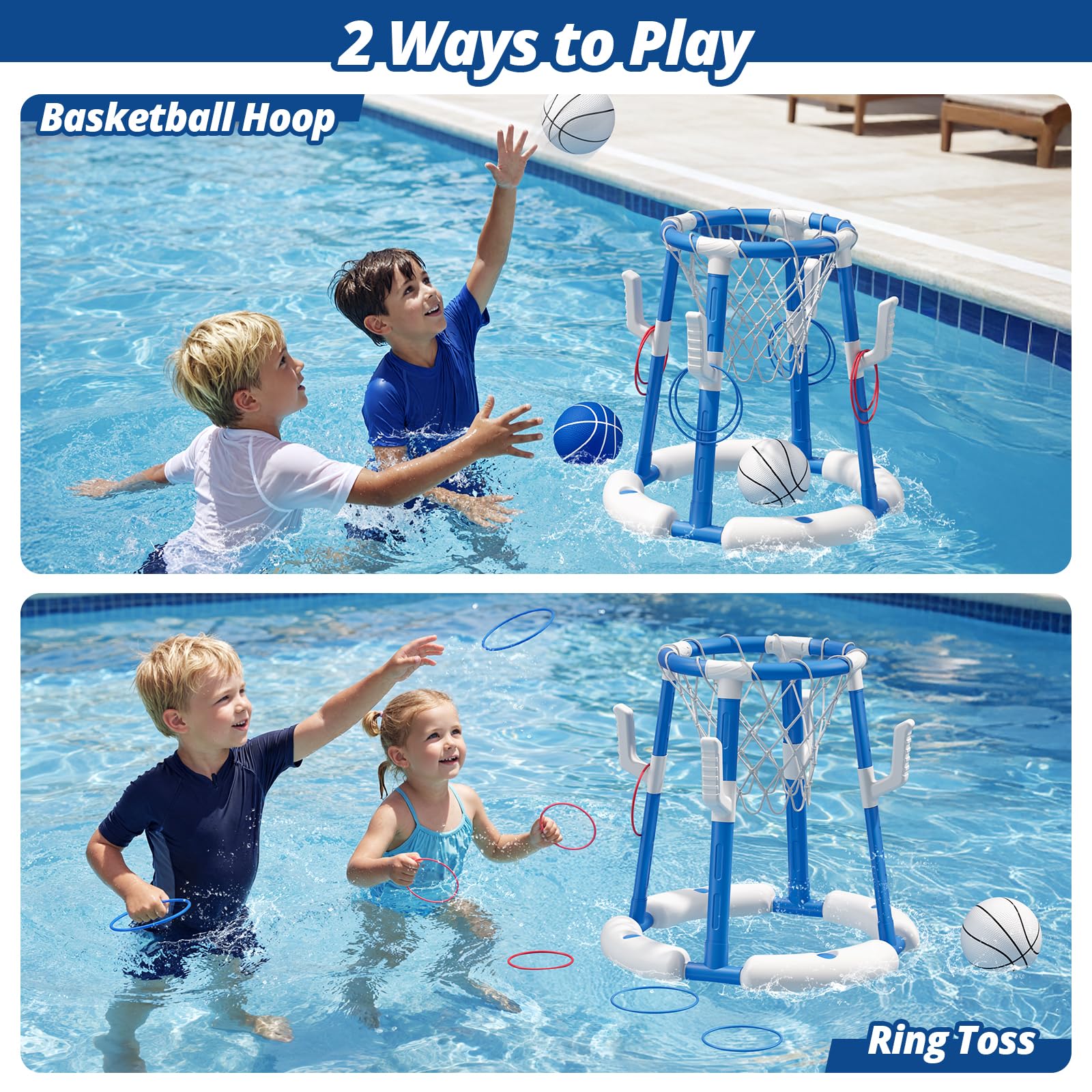 HYES Canasta de Baloncesto Piscina, Flotante Canasta Juguetes para Niños, Piscina de Baloncesto con 4 Bolas 8 Anillo, Juegos de Agua Interior y Exterior para Niños Adultos, Azul