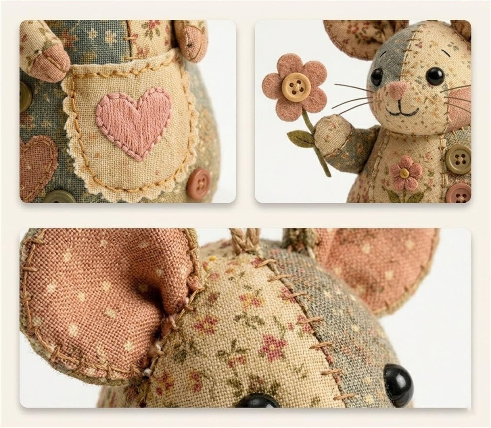 Patchwork-Maus-DIY-Set, Handgefertigtes Näh-Bastelset Mit Floraler Stofffüllung Und Knöpfen, Niedliches Stoffmaus-Ornament for Anfänger(3SET)