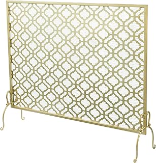 MyGift 41 x 35 Inch Brass Tone Metal Fireplace Screen with Vintage Moroc...