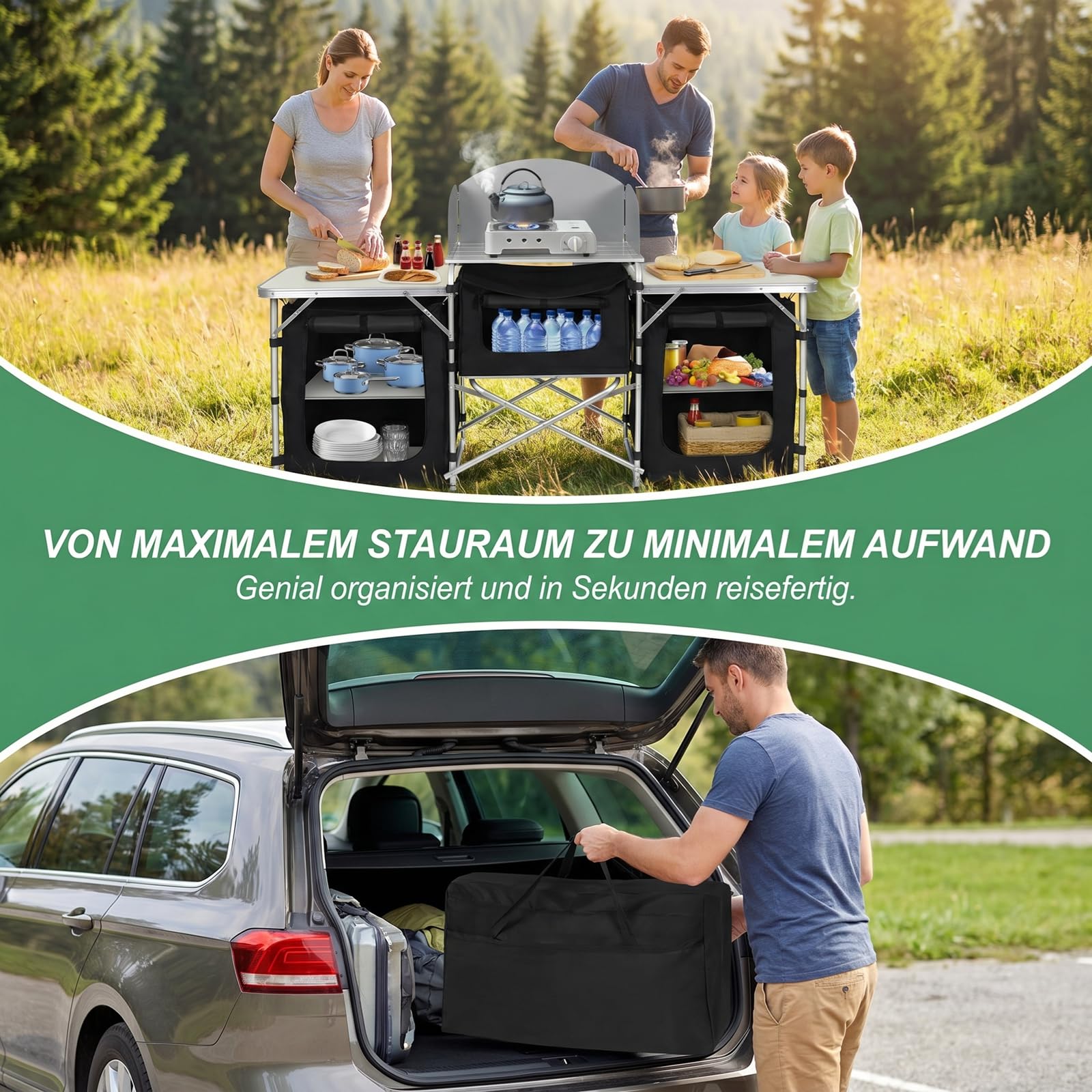 Faltbare Campingküche mit Aluminiumgestell, 5 Fächer & 3 Tischflächen, Stabiler Campingschrank aus 600D Oxford-Stoff, Windschutz Outdoor Küchenbox mit Tragetasche - Typ A