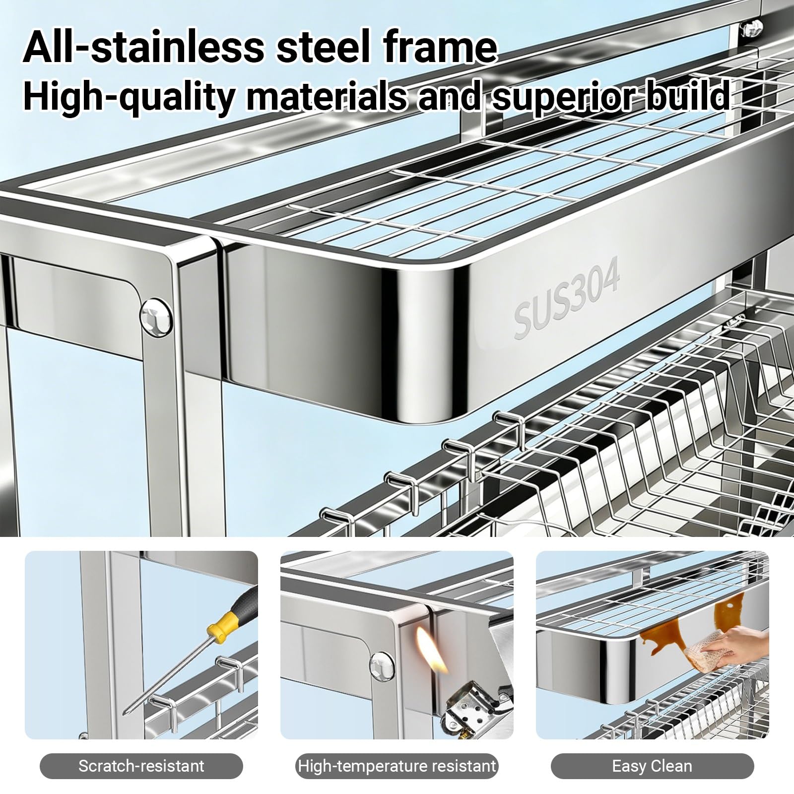 Scolapiatti in Acciaio Inox 304 da Utilizzare sopra Il lavello, Organizer per lavello a Uno o Due Livelli, scolapiatti salvaspazio per Il lavello, per Piatti e