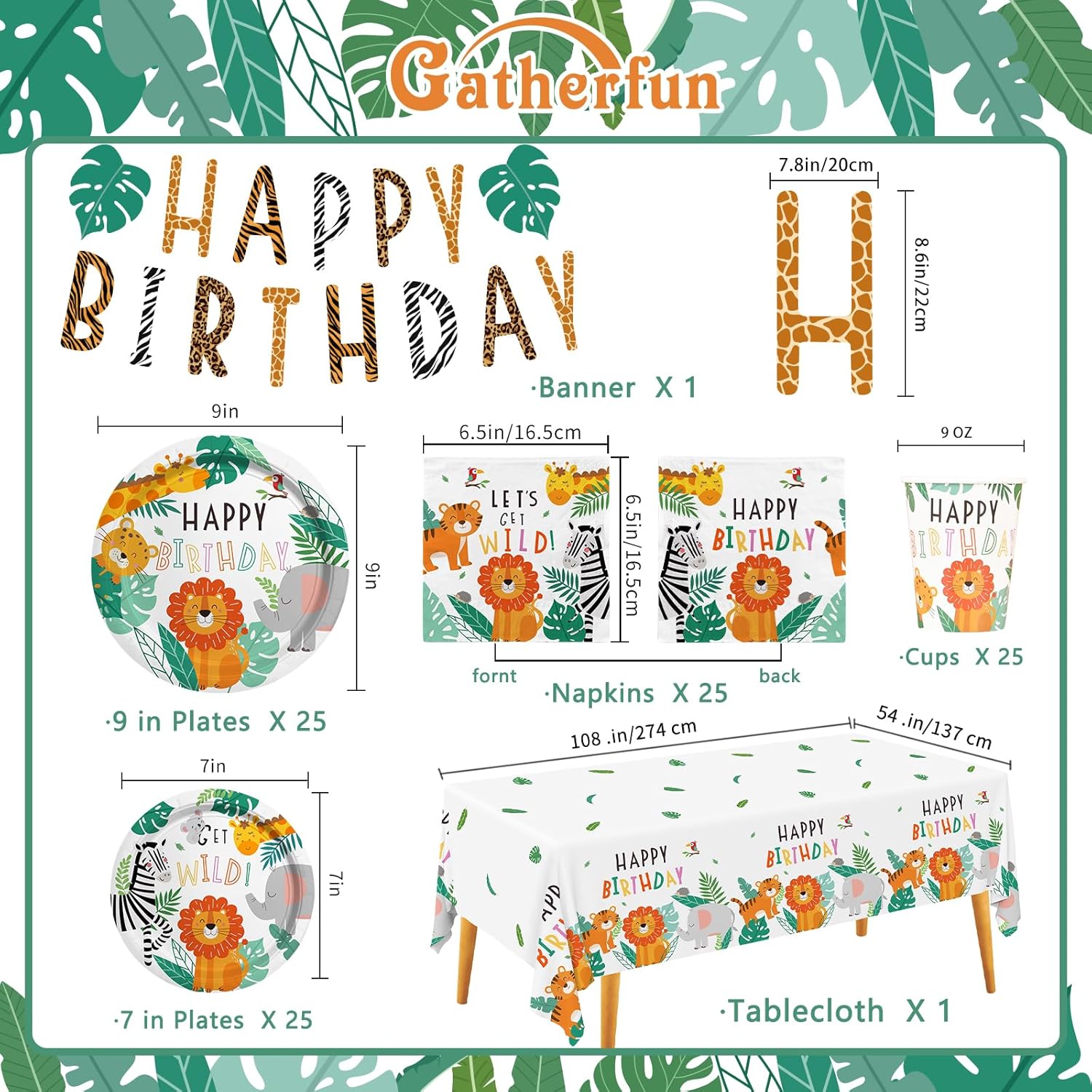 safari birthday party supplies jungle disposable paper plates napkins cups tablecloth and banner for safari jungle theme birthday decorations, serve 25 25 sets