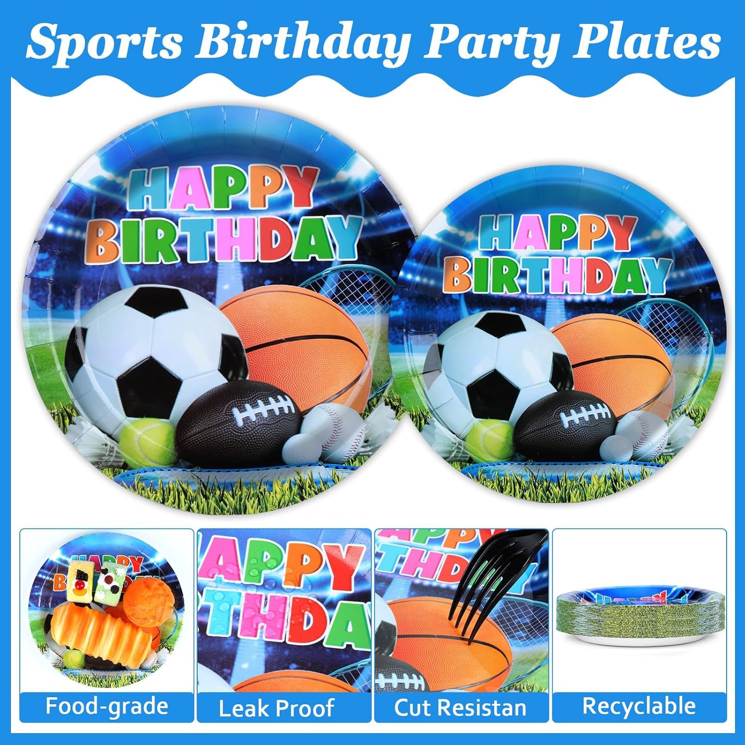 OBUSATT 96Pcs Sport Theme Party Supplies Basketball Paper Plates Napkins All-Star Party Decorations Dinnerware Favor Basketball Forks Football Baseball Soccer Decor Birthday Tableware Serves 24 - Image 3