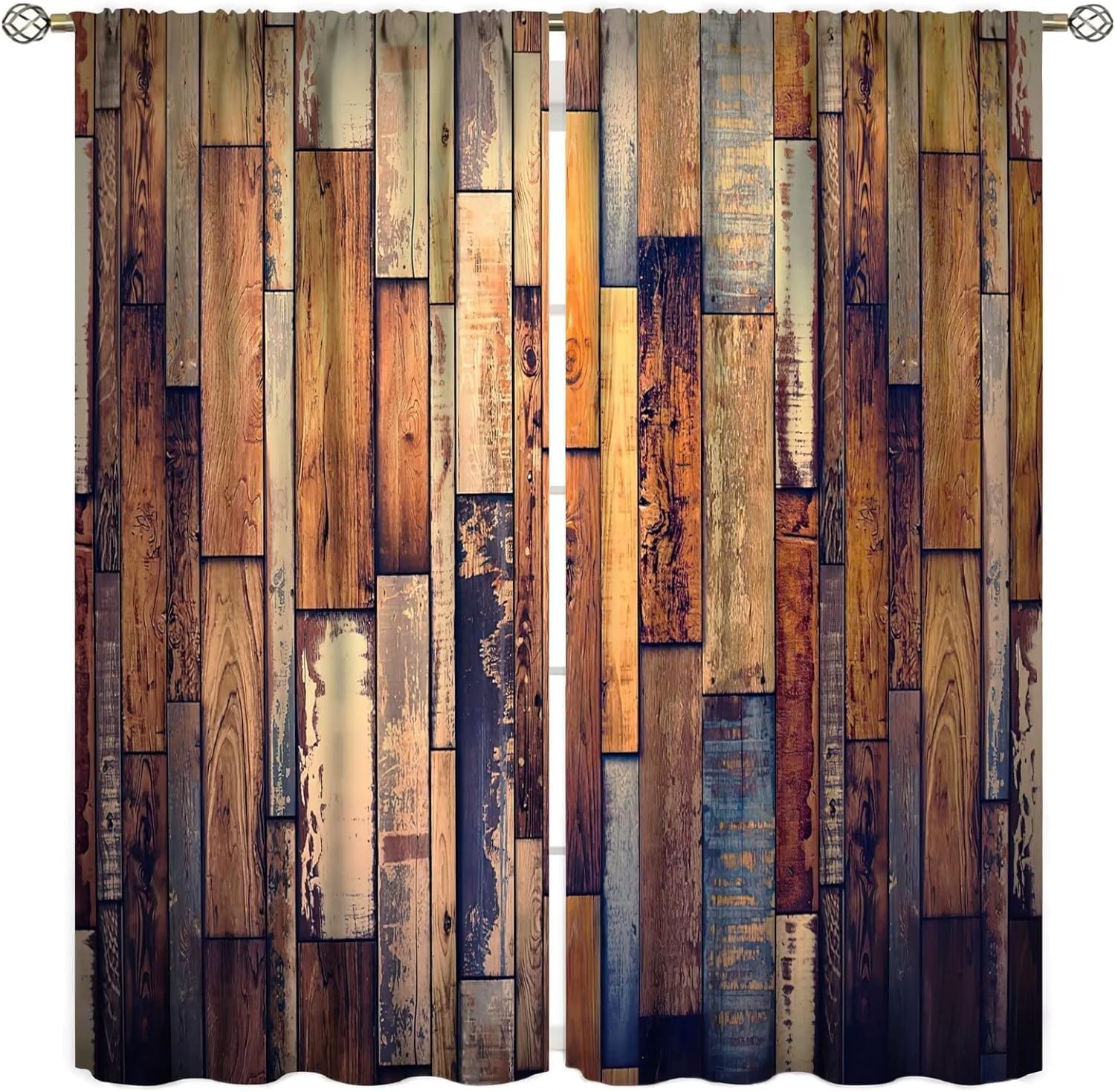 Rideau occultant salon motif 3D planche de bois vintage 280X250 cm lot de 2 panneaux