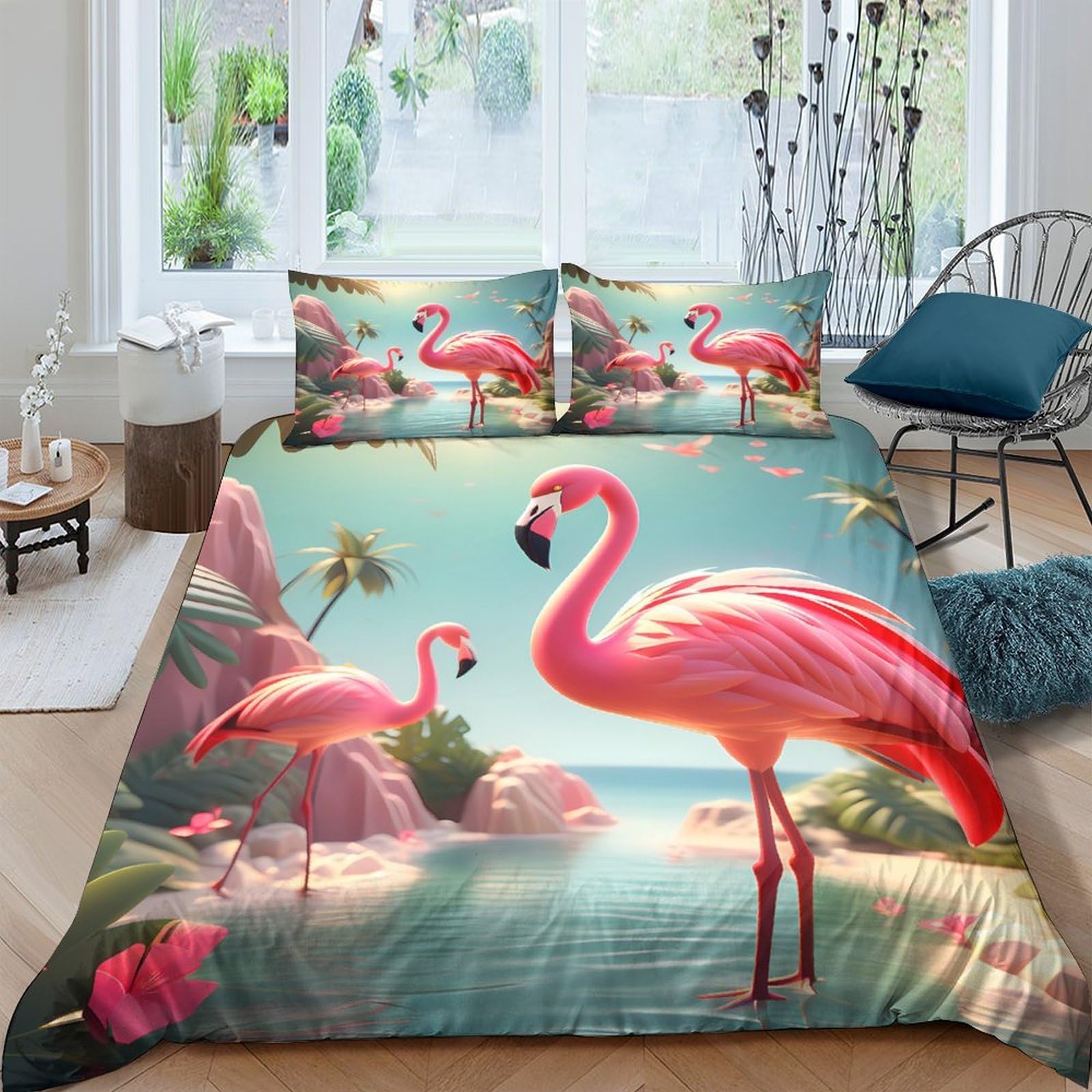 GPLZQXKJNH 3D Printed Flamingo Tropical Beach Duvet Cover Set Microfiber Breathable Soft with 2 Pillowcases for Bedroom Decor Single（135x200cm）