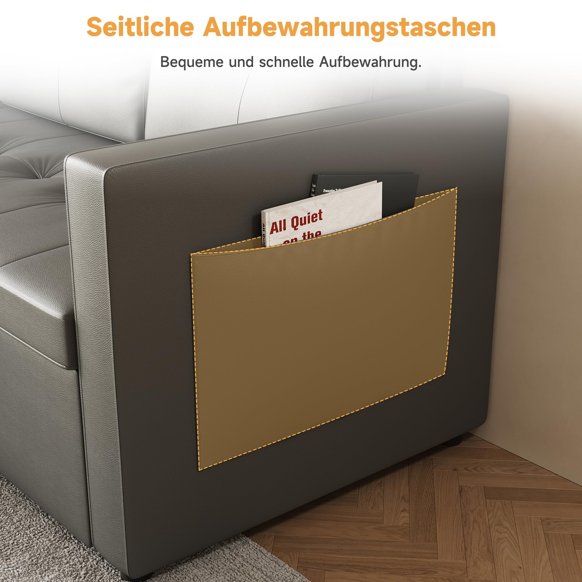 SONNI Sofa, Ecksofa, Schlafsofa mit Schlaffunktion, 203x132x88cm, 3 Sitzer Sofa, Bettcouch, Couch mit Bettkasten, Seitentasche, Katzenpfotenleder, Ideal für Wohnungen Wohnzimmer, Dunkelgrau