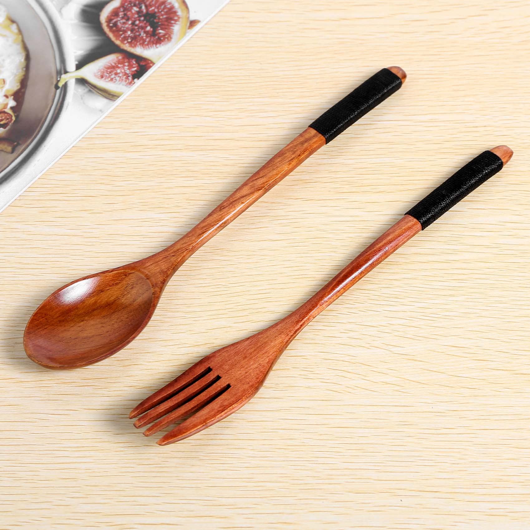 FTEYJEUIOTY Wooden Spoons Forks Set Japanese Style Wooden Utensils Set for Eating Wood Flatware Set Reusable (Black Cords,10 Pieces) - Image 2
