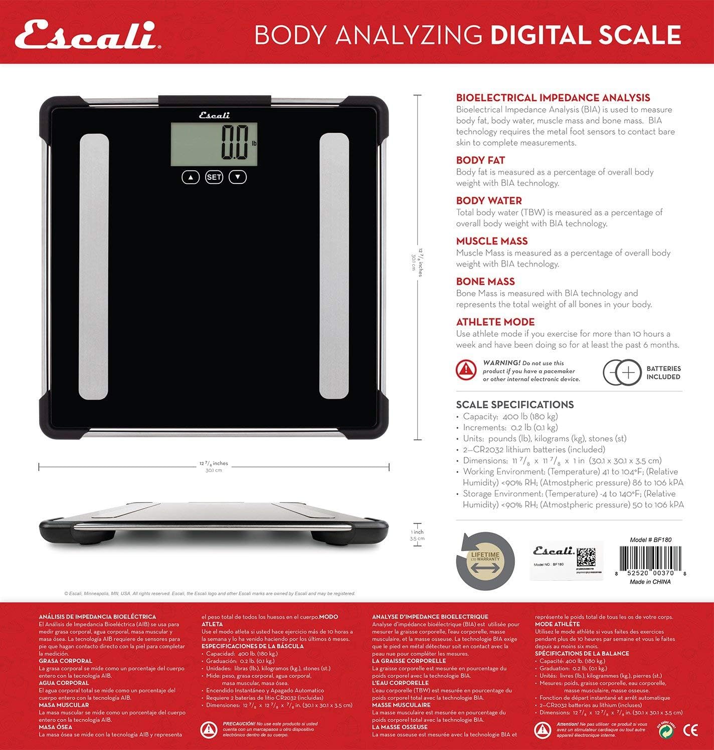 Back of Escali BF180 scale box showing specifications and warranty information