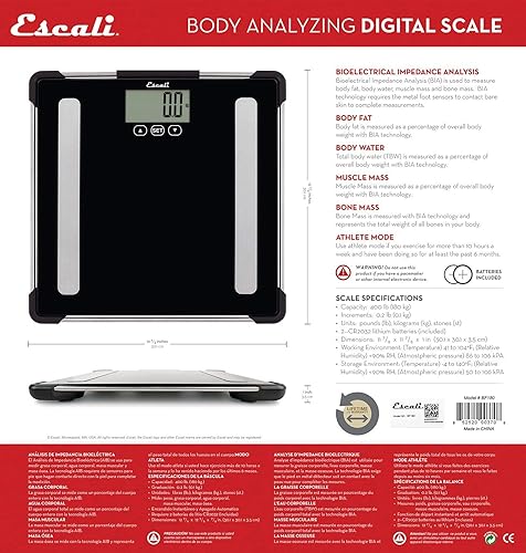 Miniatura 12 de Escali Báscula de composición corporal completa con tecnología de análisis de impedancia bioeléctrica, mide el porcentaje de grasa corporal, agua
