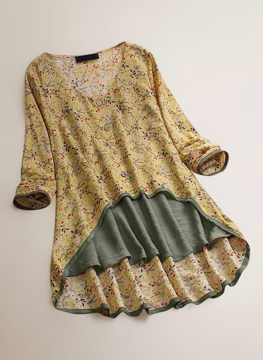 Plus Size Oversized Print V-Neck Linen Long Sleeve Loose Baggy Tops T Shirt Blouse(14,Yellow-Dip Hem
