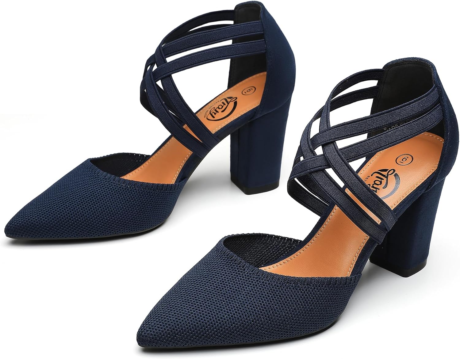 Trary Women's Pumps Chunky Closed Pointed Toe Block Heels for Women Dress Shoes Elastic Crisscross Strappy 3.15 Inch Comfortable for Wedding Bridal
