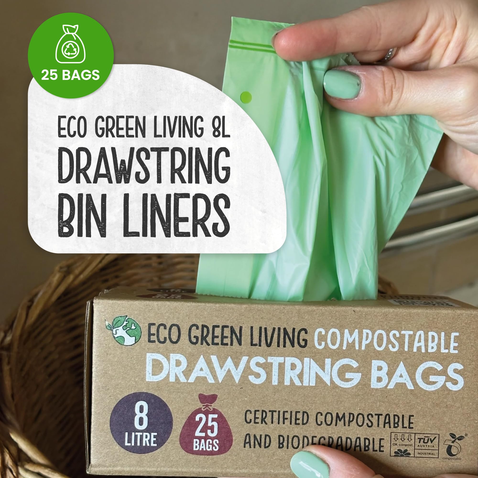 Eco Green Living Sacchi per la spazzatura compostabili da 8 litri con coulisse, senza plastica e anti-perdita, per bidoni da bagno, camera da letto e ufficio - 40 x 45 cm (25 sacchetti)
