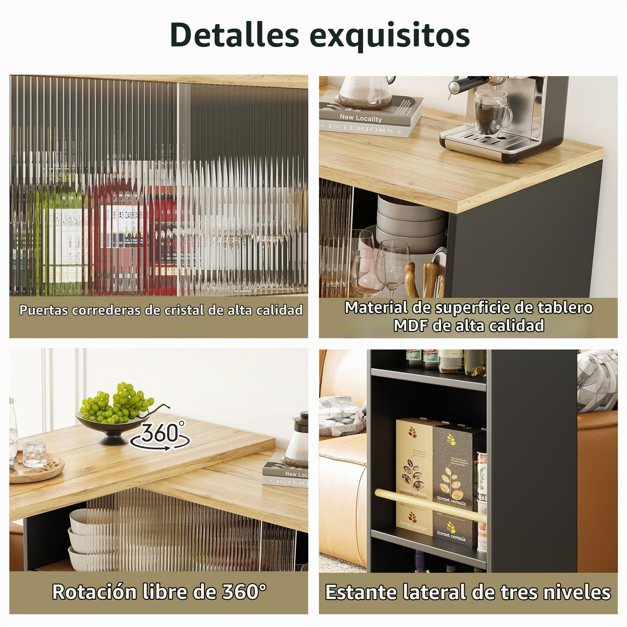 Bladez Aparador giratorio de 360°, mueble de bar moderno multifuncional de MDF, 90 x 45 x 100 cm, con puerta corredera de cristal y estantes, para cocina y restaurante (negro)