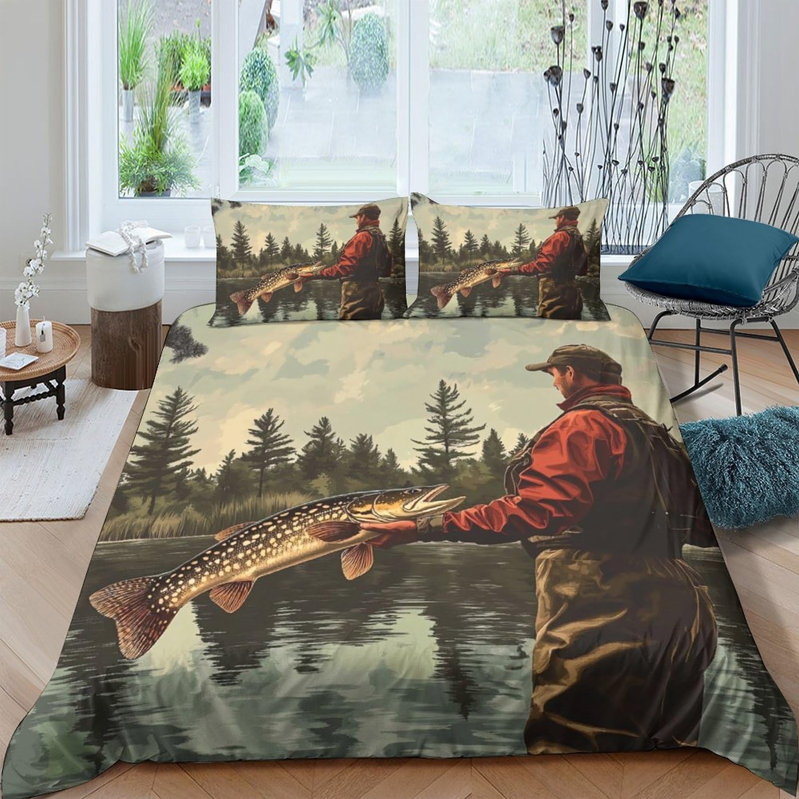 Ctjqhvkz Style-10 3D Printed Fishing Lake Fitted Sheet Microfiber Soft Green Forest River Bed Cover For Bedroom Guest Room Mattress Decor Single（135X200cm）