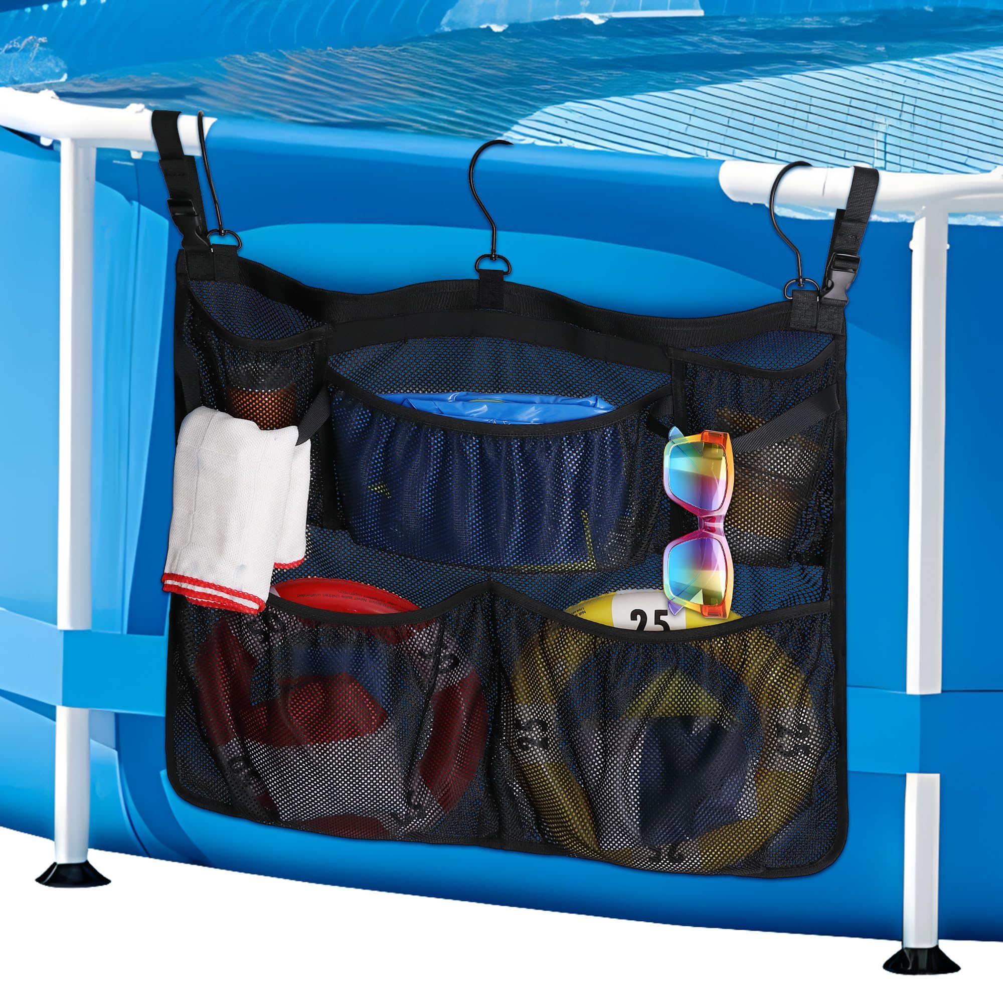Pool Aufbewahrungstasche, Pool Aufbewahrungskorb, Pool Aufbewahrungsbox, Schwarz Schwimmbad Netztasche mit Haken, Pool Zubehör für Aufstellpool, Badezimmer