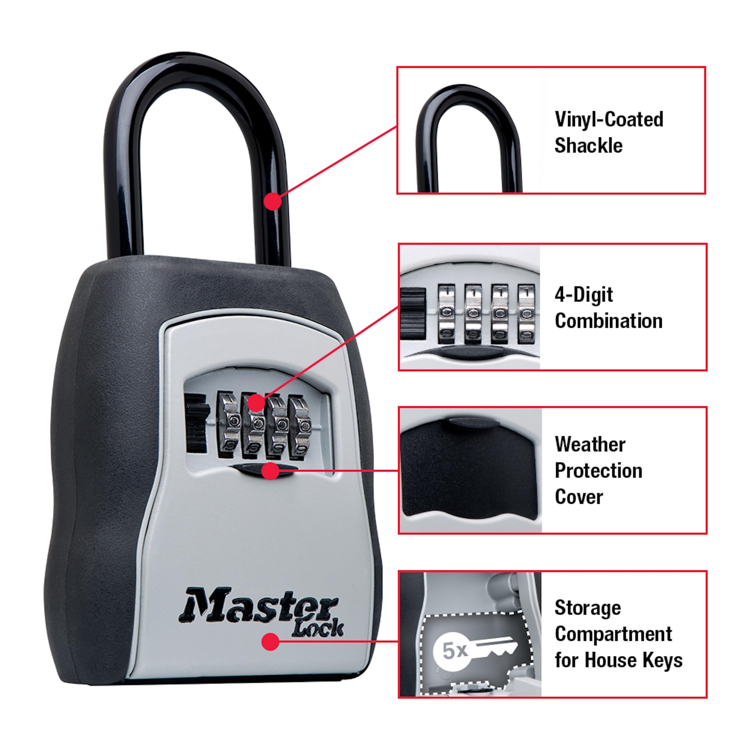 Master Lock Tuş Kilidi Kutusu, Ev Anahtarları için Dış Mekan Kilit Kutusu, Şifreli Kilitli Anahtar Kasası, 5 Anahtar Kapasitesi