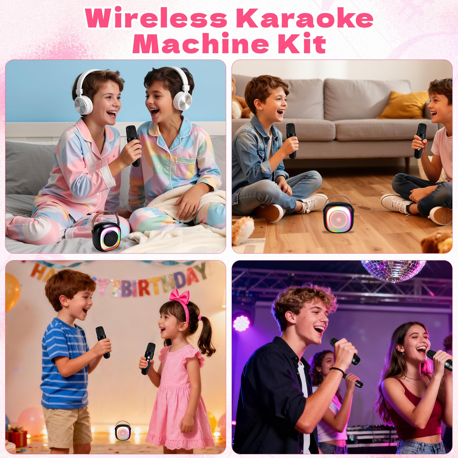 Karaoke Enfant avec 2 Microphones sans Fil, Micro Portables Karaoké, Jouet de Karaoké Bluetooth avec Voix Change et LED Lumière pour 3-12 Enfant Fille Cadeau Chanter Adulte (Noir)
