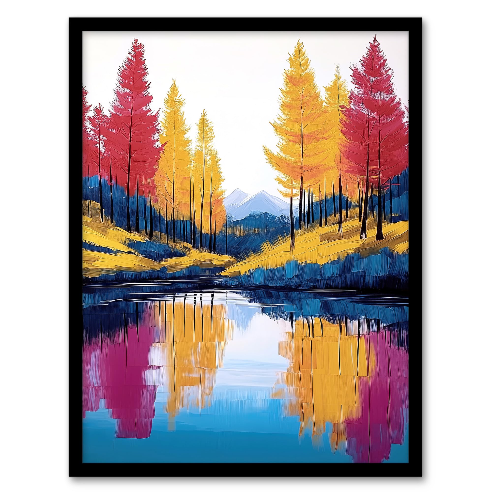 Artery8 Framed Art Print - Scottish Highlands Forest Lake Autumn Landscape - Yellow - A4