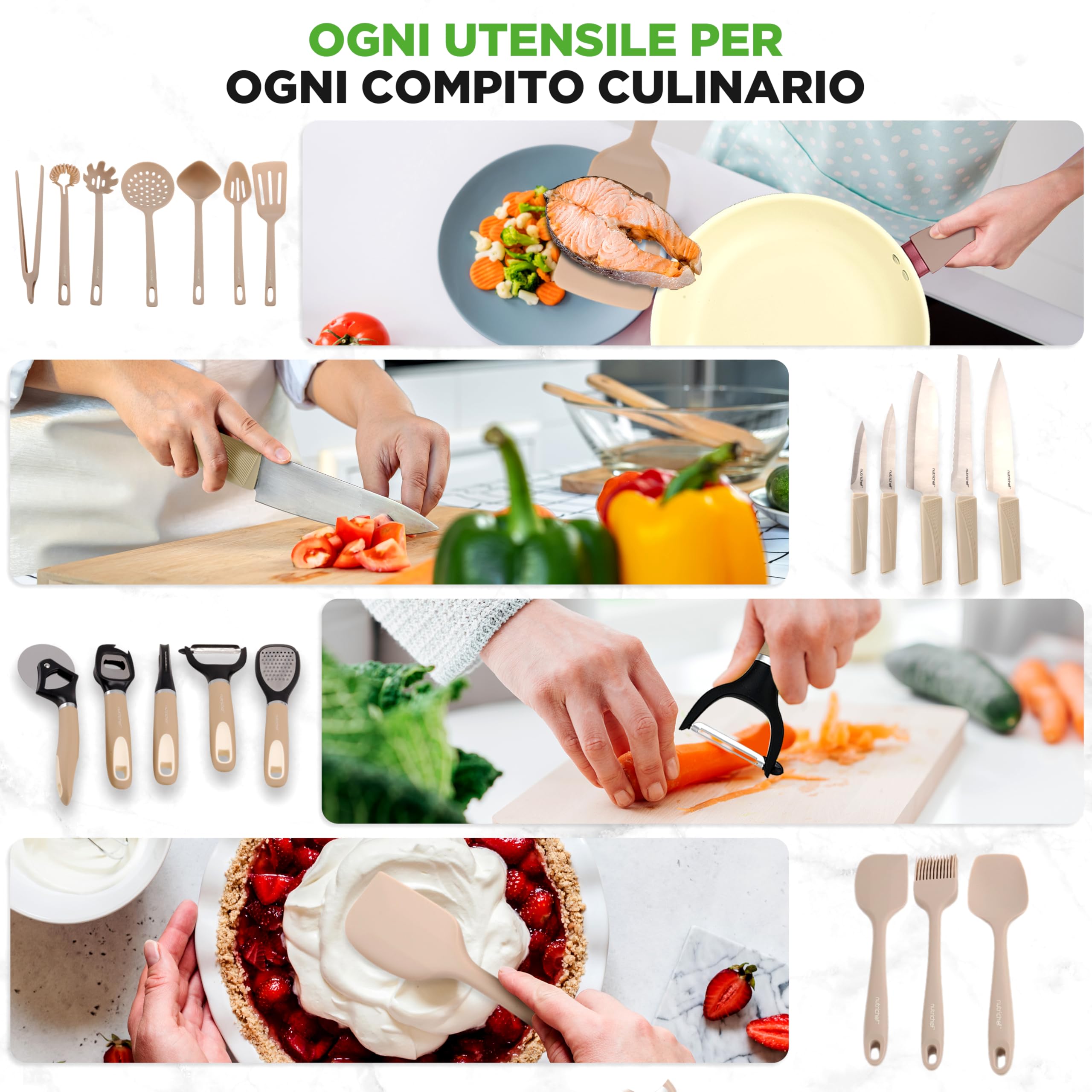 NutriChef Set 75 Pezzi con Pentole, Padelle e Teglie da Forno Antiaderenti in Ceramica, Coltelli, Utensili, Sicuro per Uso Alimentare, Crema/Marrone