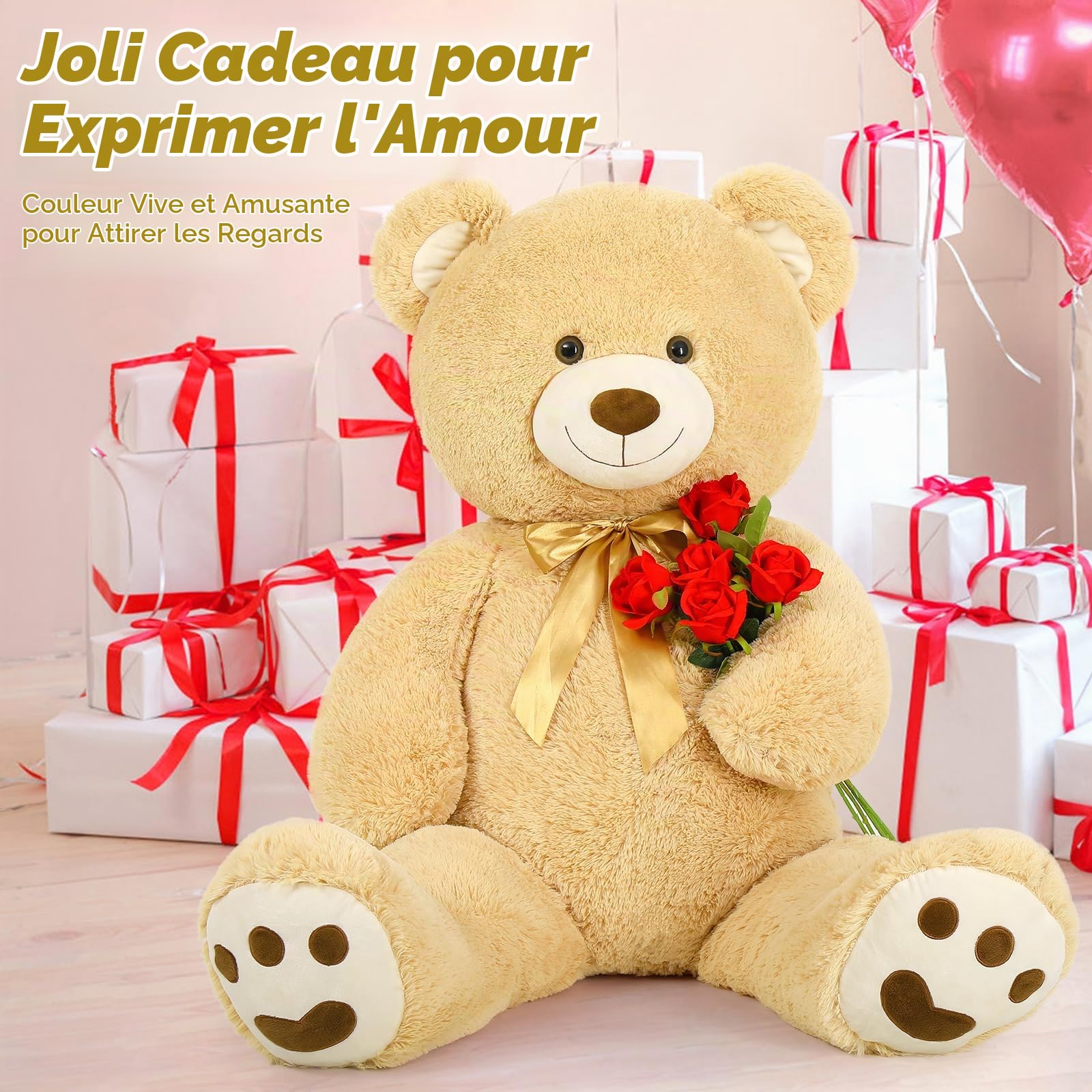 MorisMos XXL Ours en Peluche Saint Valentin Geant, 120cm Brun Grosse Nounours Peluche, Douce Teddy Bear Géante, Grand Mignonne Cadeau pour Enfant Petite Amie Fille Femme Anniversaire St Valentin Deco