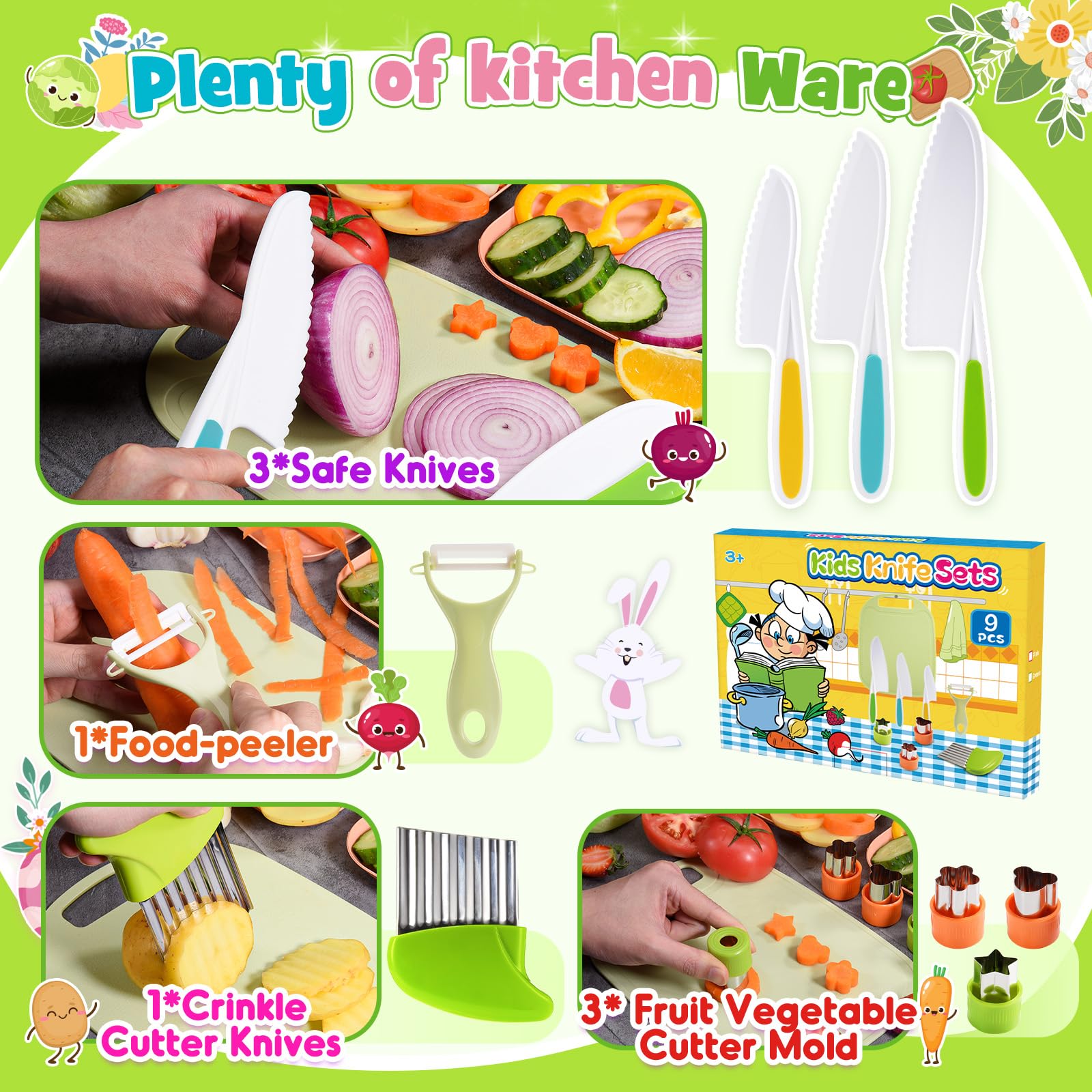 Couteaux pour Enfants,9 pièces,dès 2 Ans,Coffret de Couteaux de Cuisine de Chef avec Coupe-légumes,idéal pour Noël ou Un Anniversaire (Vert)